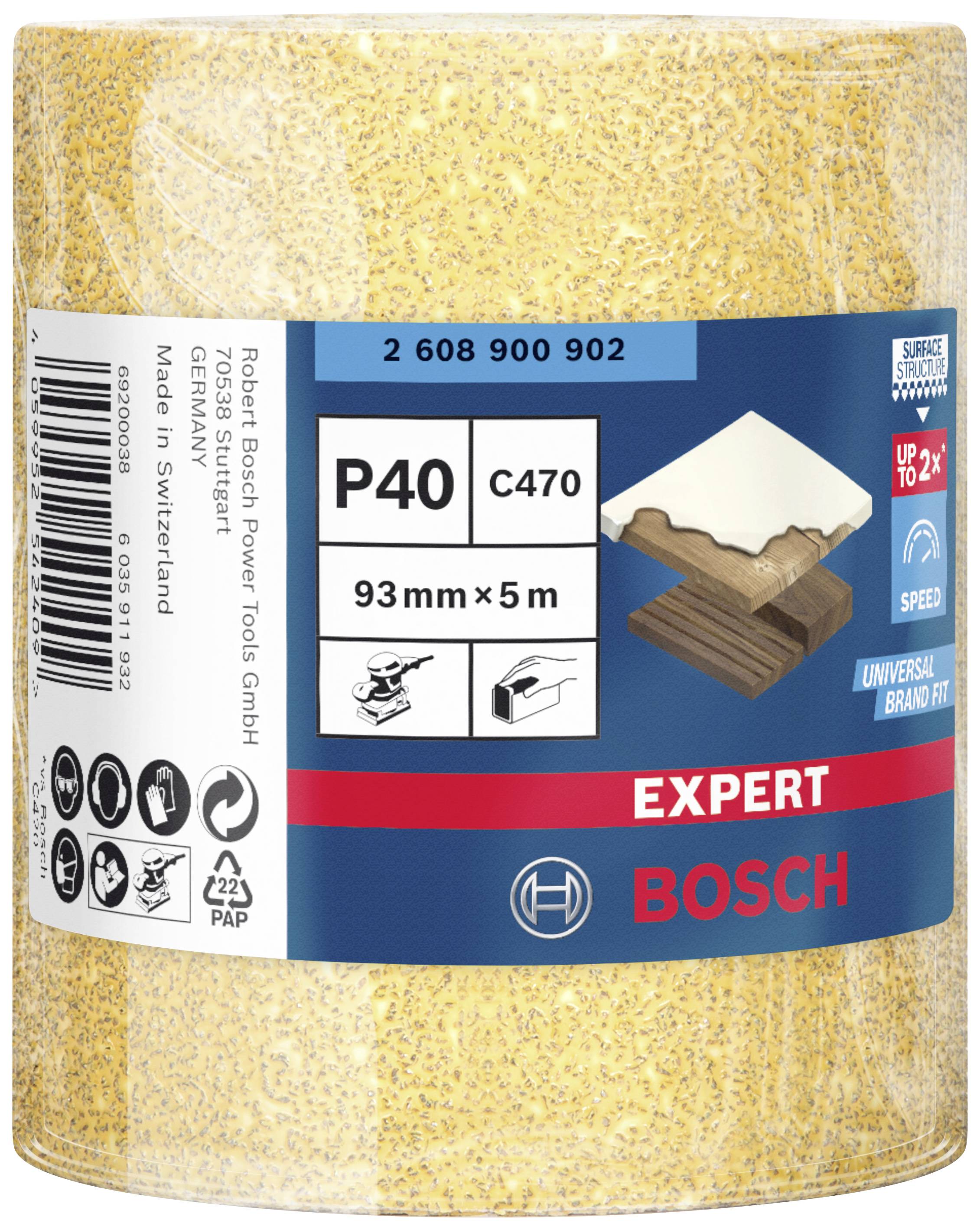 List brusného papíru značky Bosch, model Expert, zrnitost P40, 93 mm x 5 m. Vyrobeno ve Švýcarsku. Vhodné pro dřevo.
