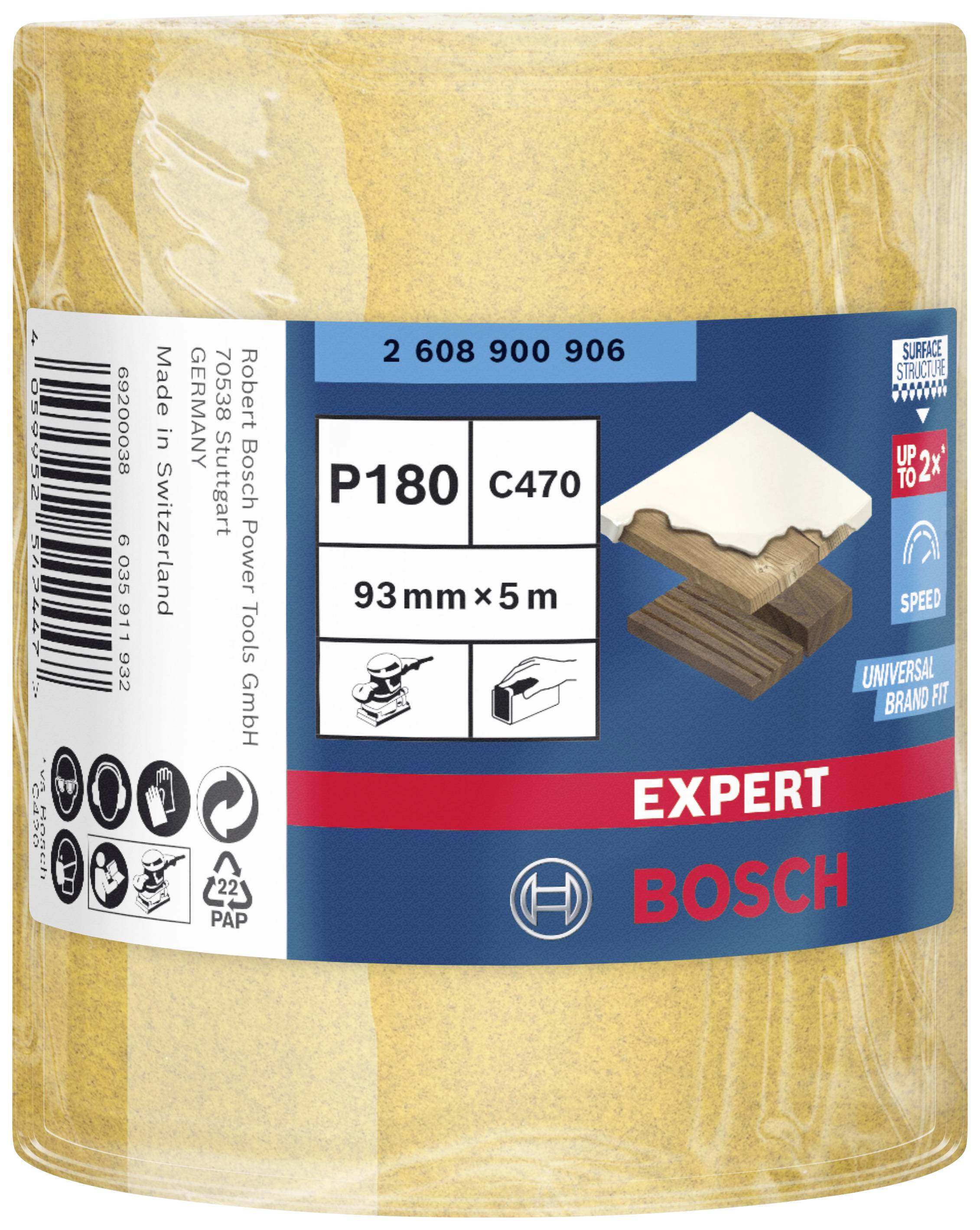 Brusný papír Bosch, zrnitost P180, C470, 93mm x 5m, pro dřevo a barvu. Balení v žluté barvě s modro-červeným potiskem.
