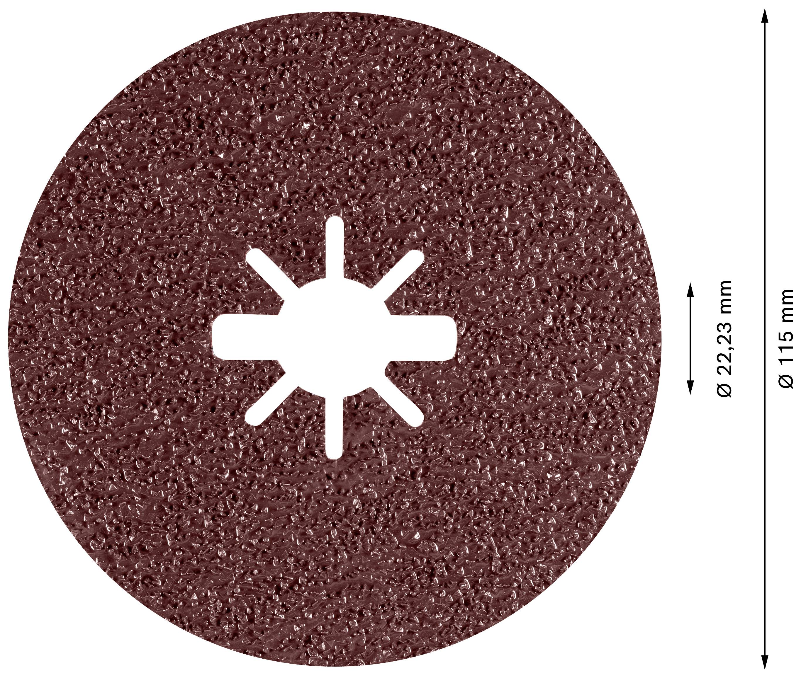 Brusný kotouč o průměru 115 mm, s otvorem uprostřed o průměru 22,23 mm. Červený, hrubý povrch, kruhového tvaru.