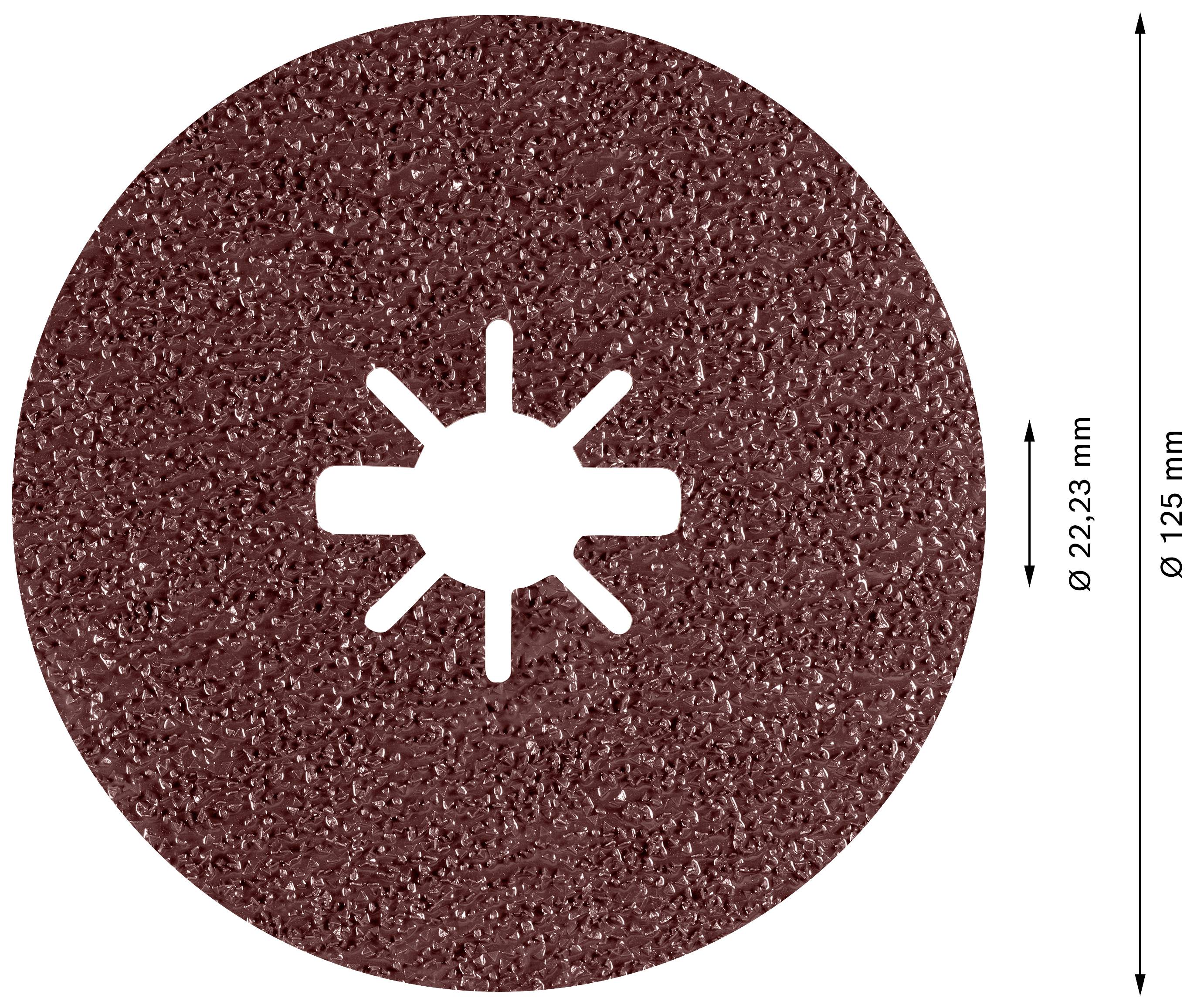 Hnědý kulatý brusný kotouč o průměru 125 mm s vnitřním otvorem 22,23 mm. Vhodný pro brusky.