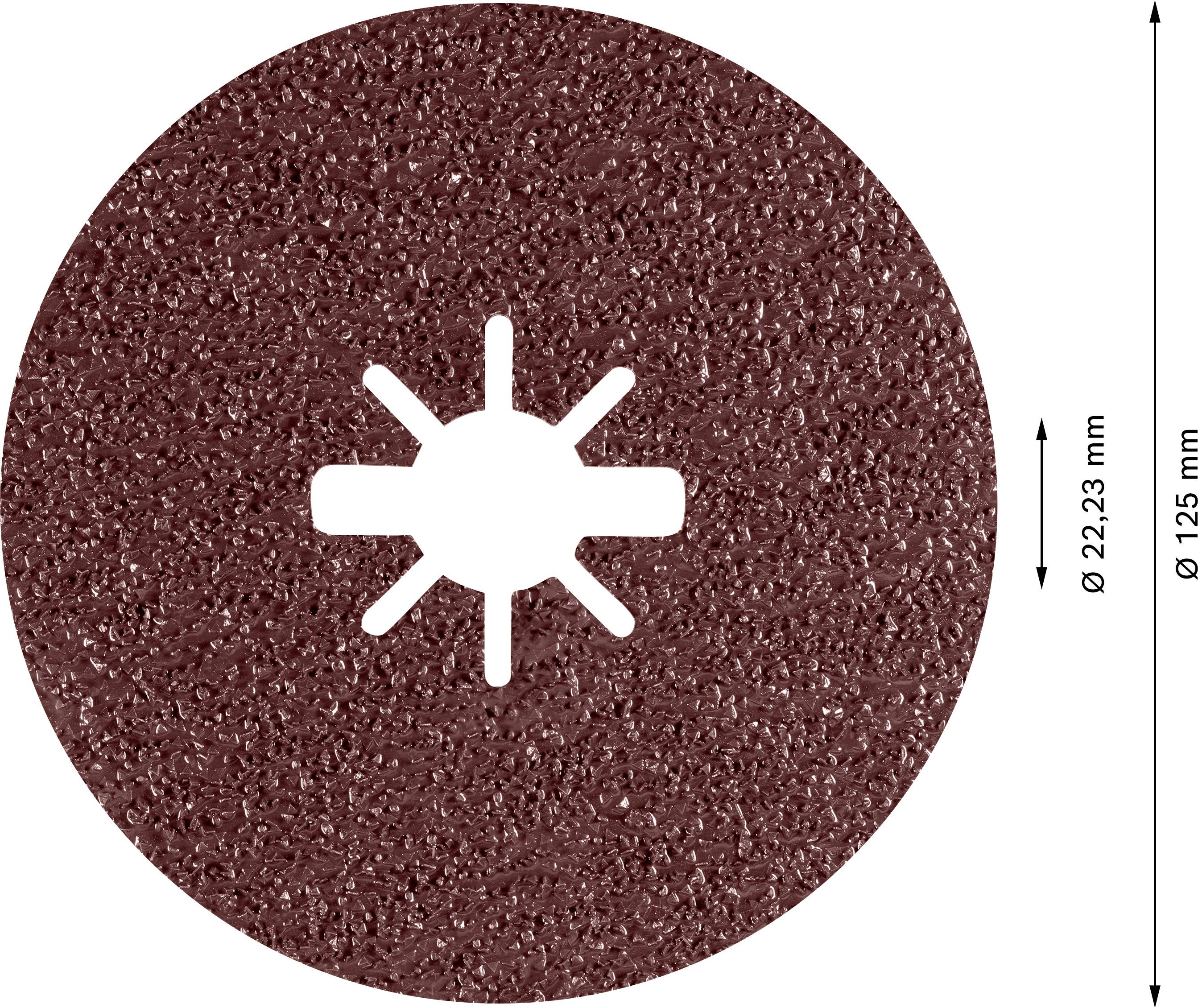 Brusný kotouč z abrazivního materiálu, kulatý se šestipaprskovou dírou, vnější průměr 125 mm, vnitřní průměr 22,23 mm.