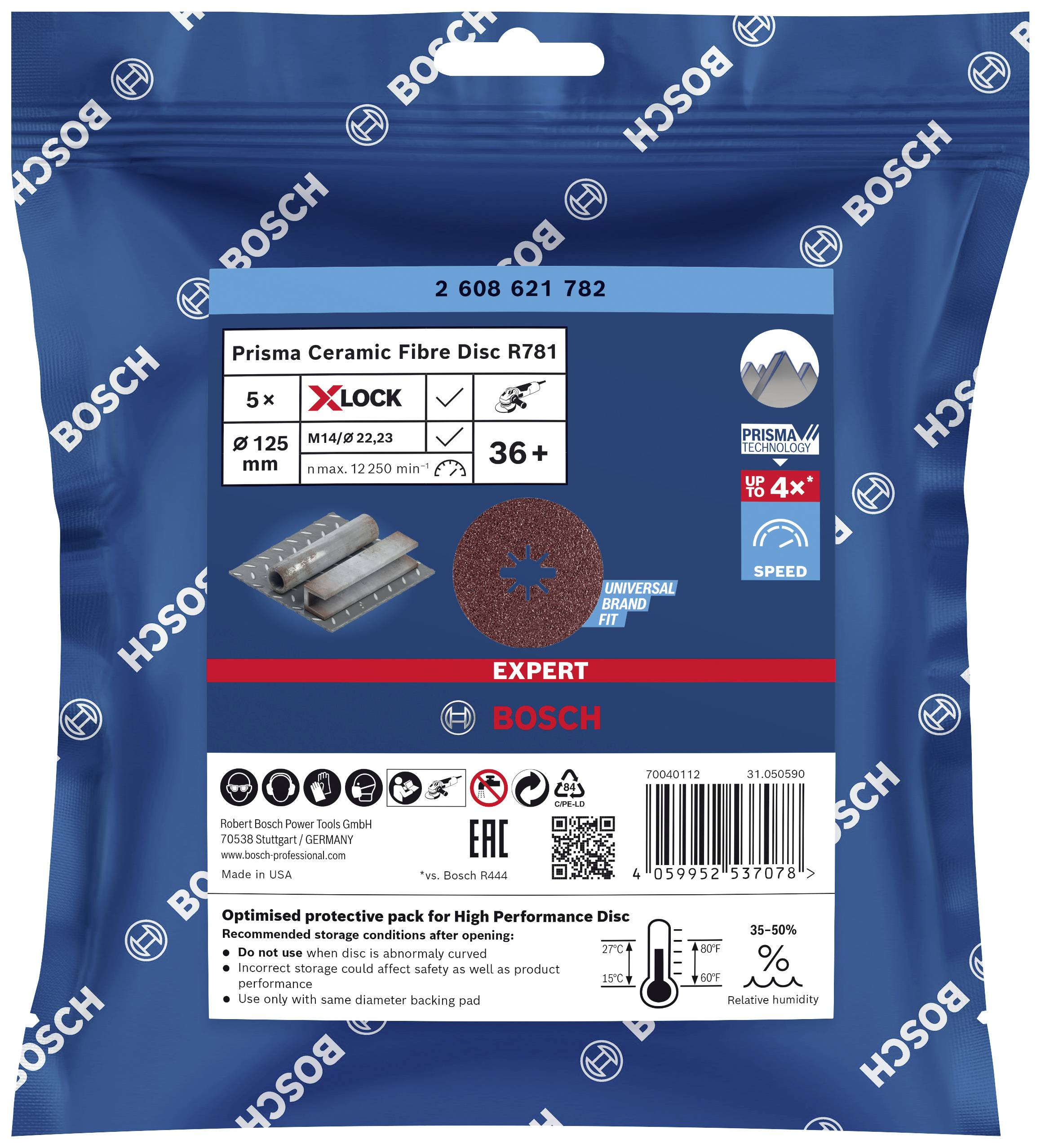 Obal na brusné kotouče Bosch, modrý, zobrazuje specifikace a označení produktu, např. 125 mm, 36+, X-LOCK.