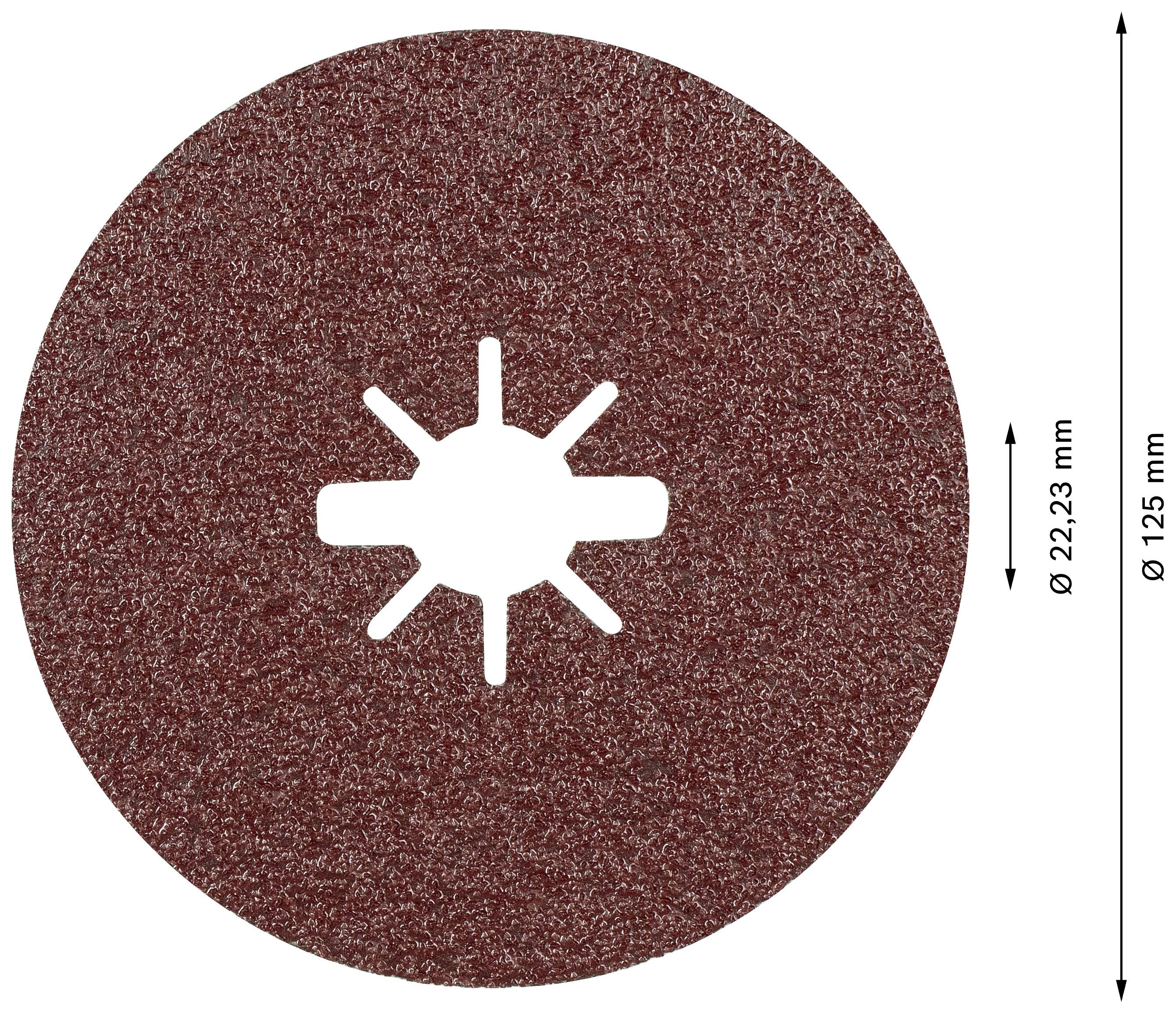 Kulatý kotouč s červeným povrchem, otvor uprostřed. Průměr 125 mm, středový otvor 22,23 mm.