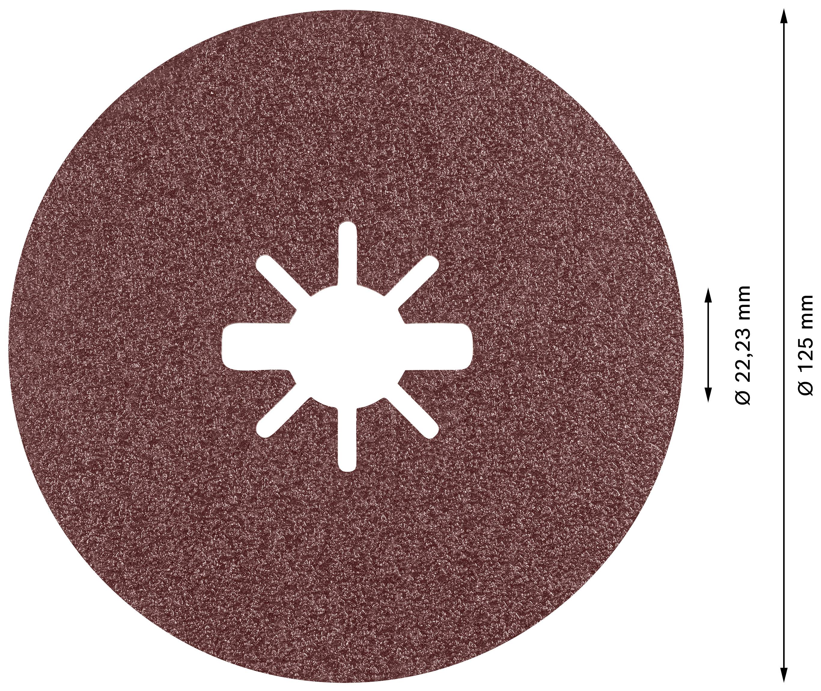 Hnědý brusný kotouč o průměru 125 mm s vnitřním otvorem 22,23 mm.