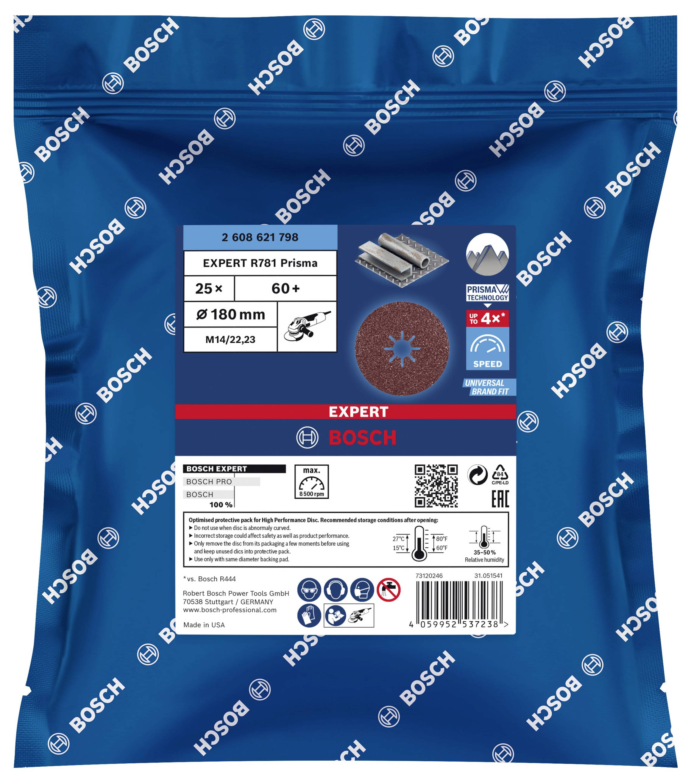 Brusný kotouč Bosch Expert R781 Prisma, 25 kusů, 180 mm, zrnitost 60+, vhodný pro broušení kovu, vysoká rychlost, dlouhá životnost.