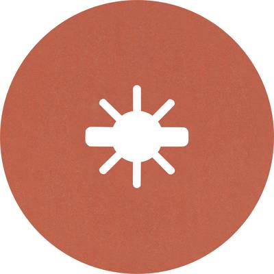 Bílý symbol slunce na červeném kruhu, který může znázorňovat světlo nebo slunečné počasí.