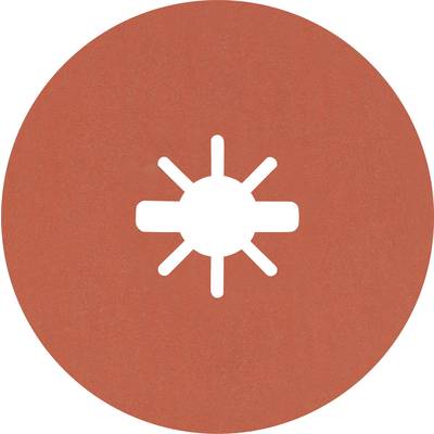 Bílý symbol slunce na červeném kruhovém pozadí.