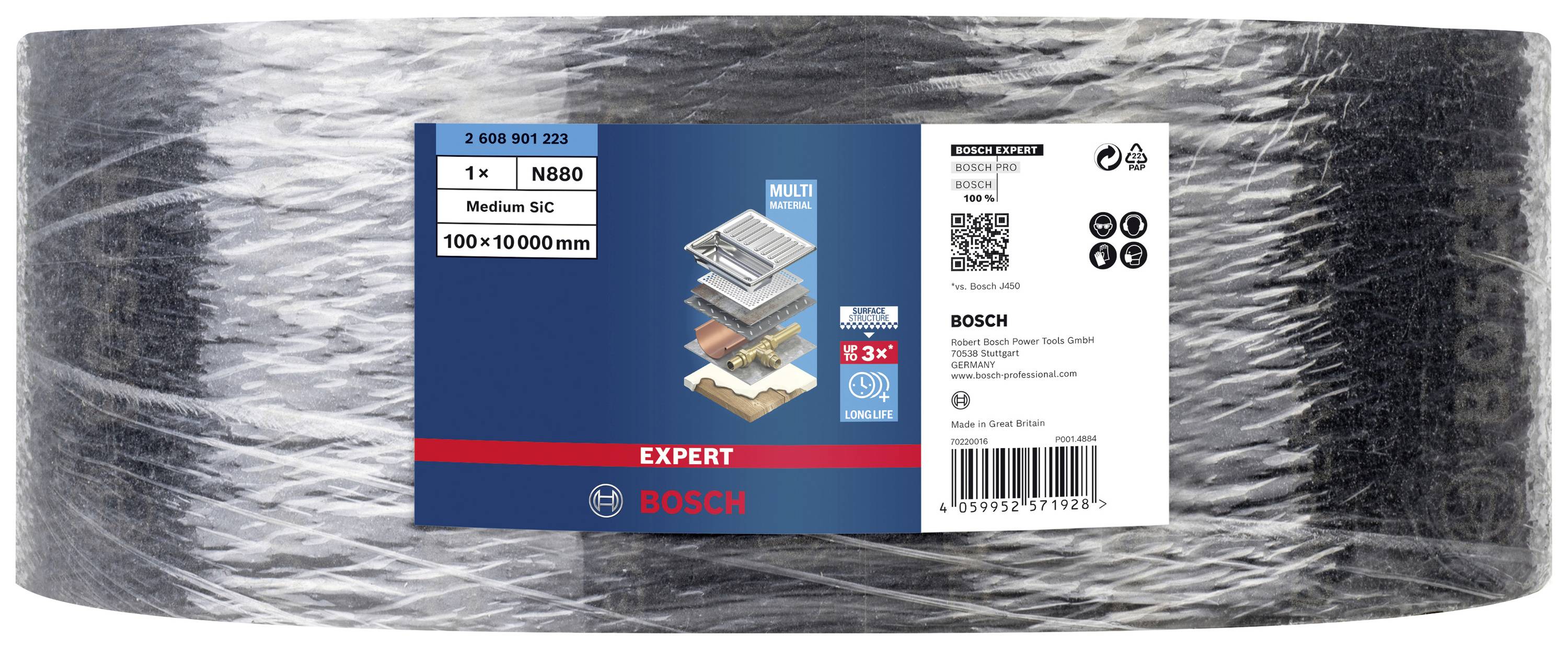 Role brusného papíru značky Bosch, označená jako 'Medium SC', velikost 100x10.000 mm, vhodná pro víceúčelové použití.