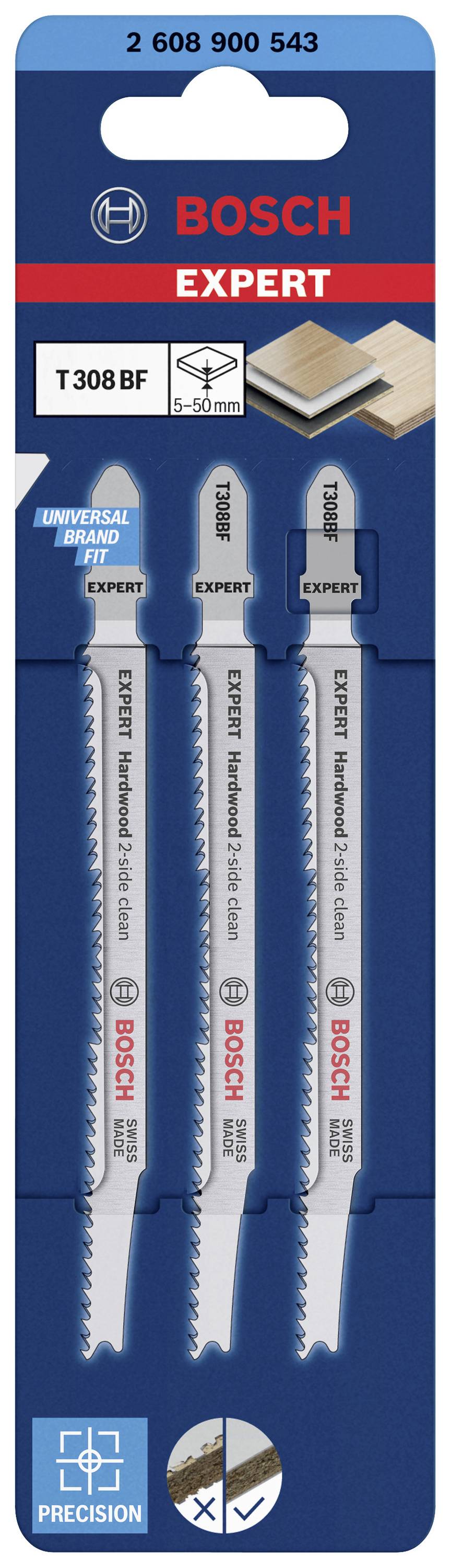 Tři pilové plátky Bosch pro přesné řezání dřeva a laminátu, design 'EXPERT', 2 608 900 543, balení modro-bílé.