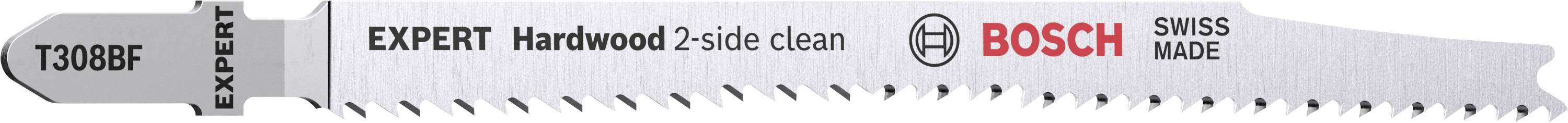 Šedý pilový list do přímočaré pily s nápisem 'EXPERT Hardwood 2-side clean' a 'BOSCH SWISS MADE', vhodný pro tvrdé dřevo.