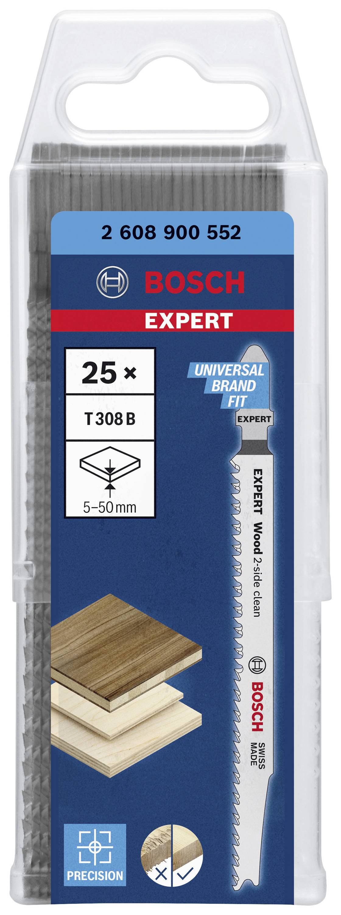 Balení pilových plátků Bosch 'Expert' pro dřevo. Obsahuje 25 kusů, typ T308 B, vhodné pro řezné hloubky 5-50 mm. Obal zobrazuje příklady řezů do dřeva.