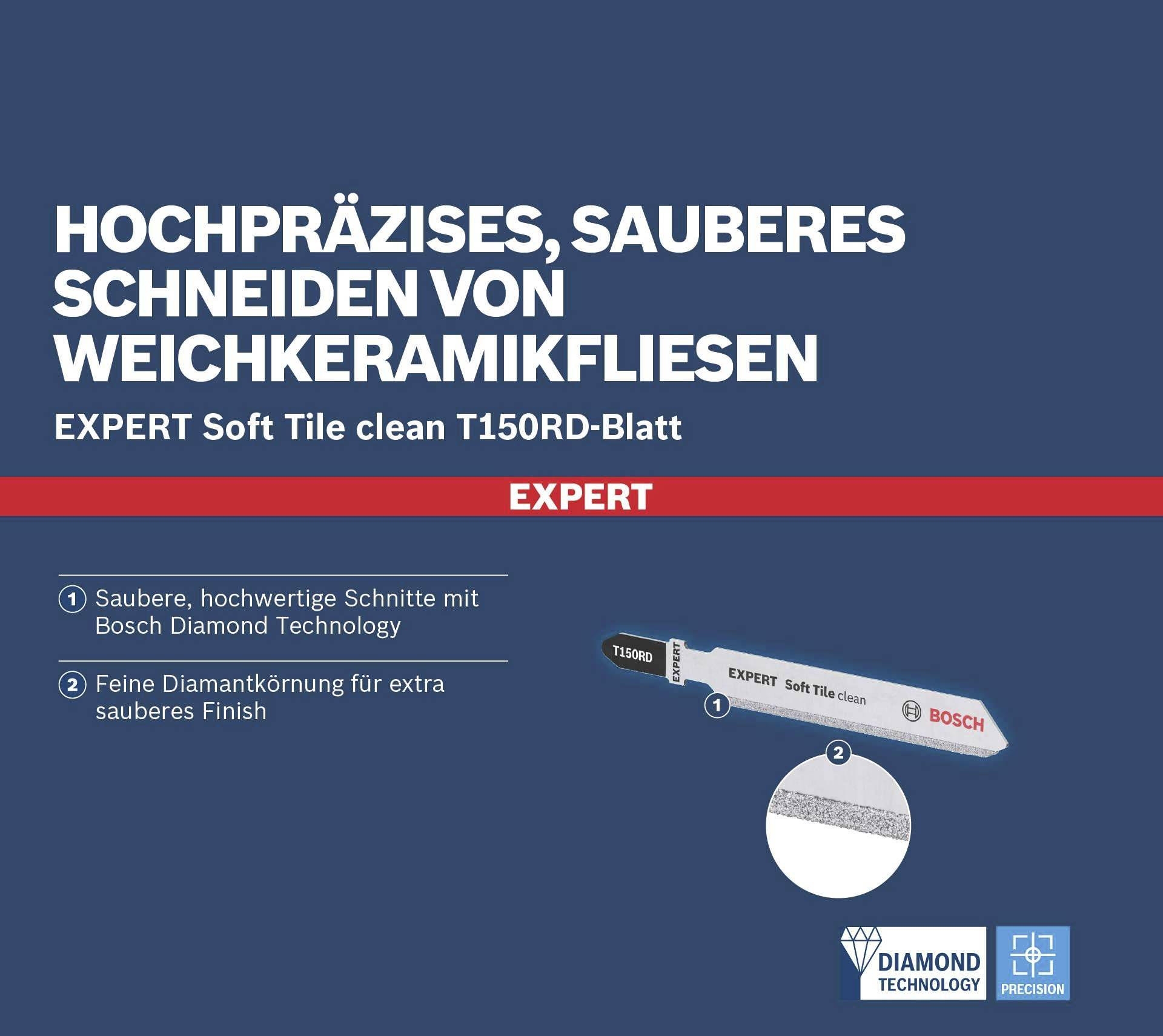 'EXPERT Soft Tile clean T150RD-List' s jemným diamantovým zrnem pro přesné řezání měkkých keramických dlaždic. Design Bosch.