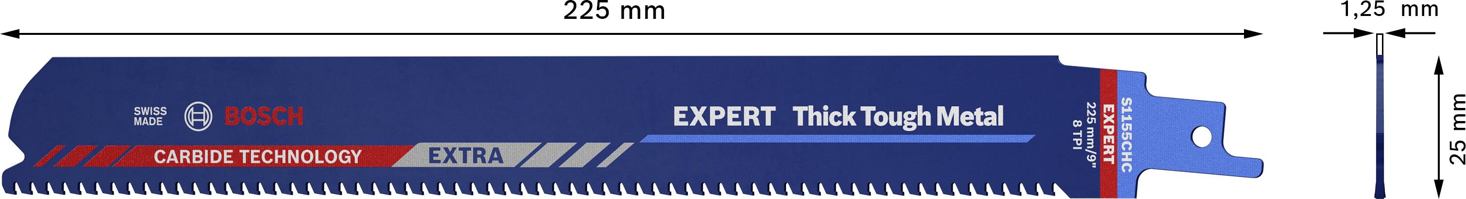 Pilový list pro pилу šavli 'EXPERT Thick Tough Metal' od Bosch, délka 225 mm, výška 25 mm, tloušťka 1,25 mm, pro stabilní řezy kovů.