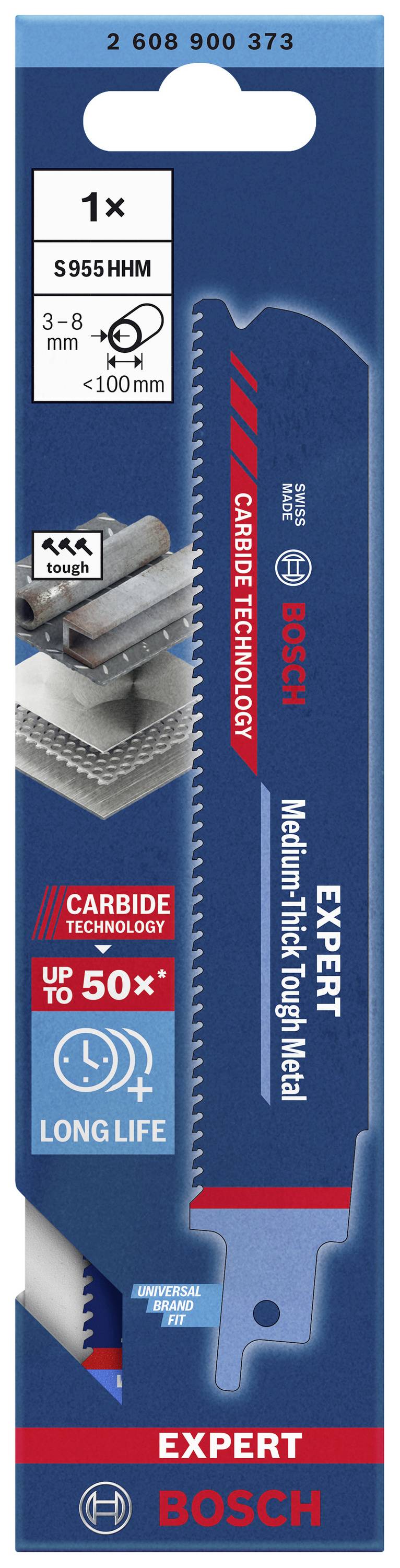 Pilový list Bosch, 'EXPERT Medium-Thick Tough Metal', vhodný pro kov o tloušťce 3-8 mm, s technologií tvrdokovu, s dlouhou životností.