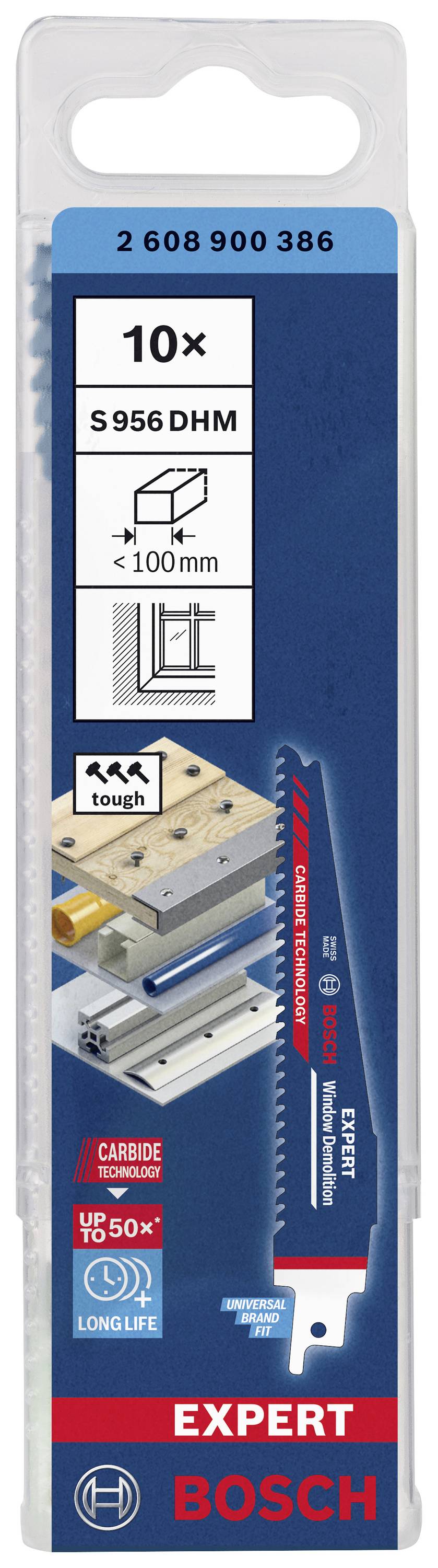 Balení pro pilové plátky Bosch Expert S956DHM. Zobrazuje použití: silné řezné spoje v různých materiálech, dlouhá životnost.