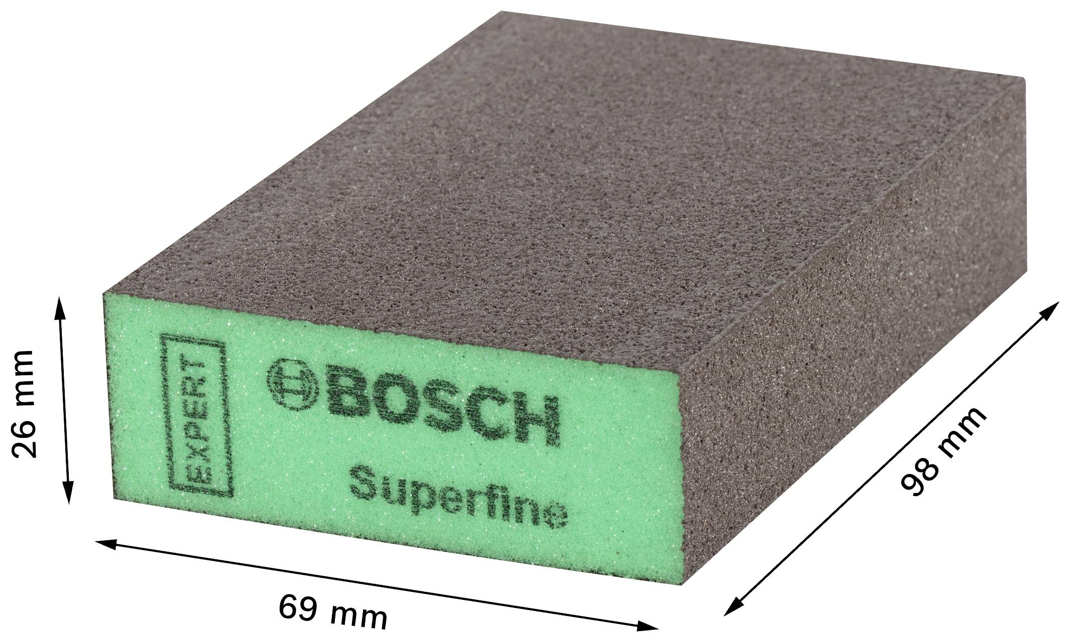 'Brusná houba Bosch, Expert, super jemná, rozměry: 69 mm x 98 mm x 26 mm, obdélníková, zelená a hnědá.'
