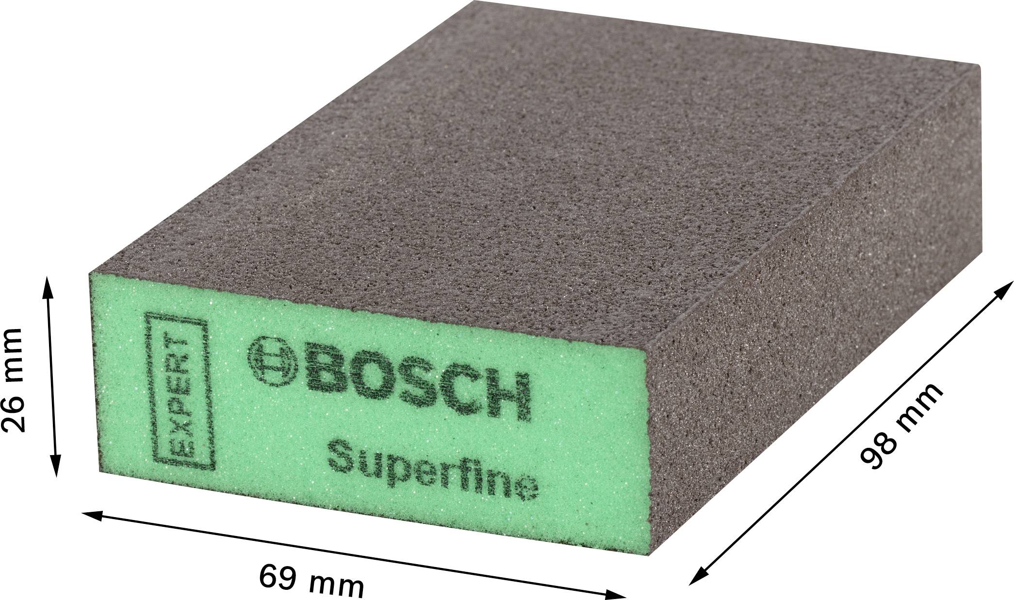 Obdélníková brusná houba značky Bosch. Rozměry: 98 mm délka, 69 mm šířka, 26 mm výška. Nápis: 'EXPERT BOSCH Superfine'.