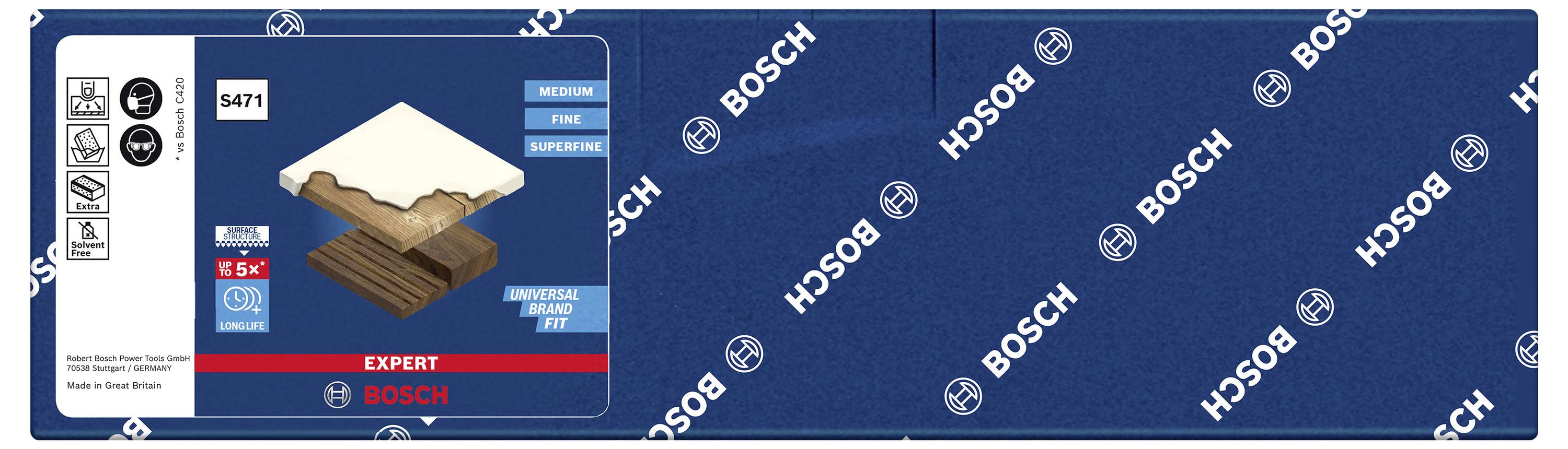 Balení brusného papíru Bosch Expert s označením 'S477'. Vhodný pro dřevo a barvu, zrnitost střední až jemná.