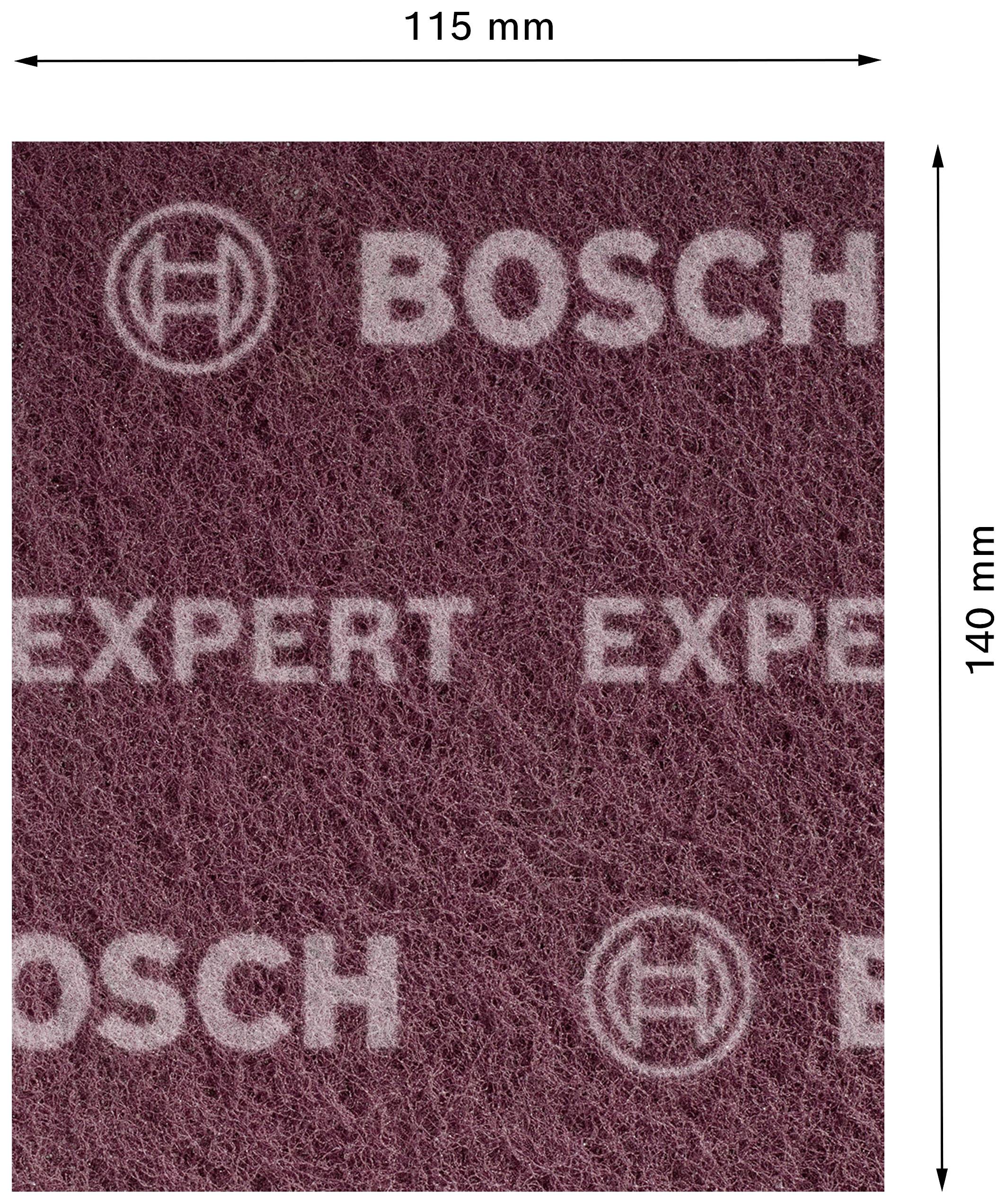 Obdélníkový brusný papír značky Bosch, rozměry 115 mm x 140 mm, s viditelným logem značky a nápisem 'EXPERT'. Vhodný pro broušení.