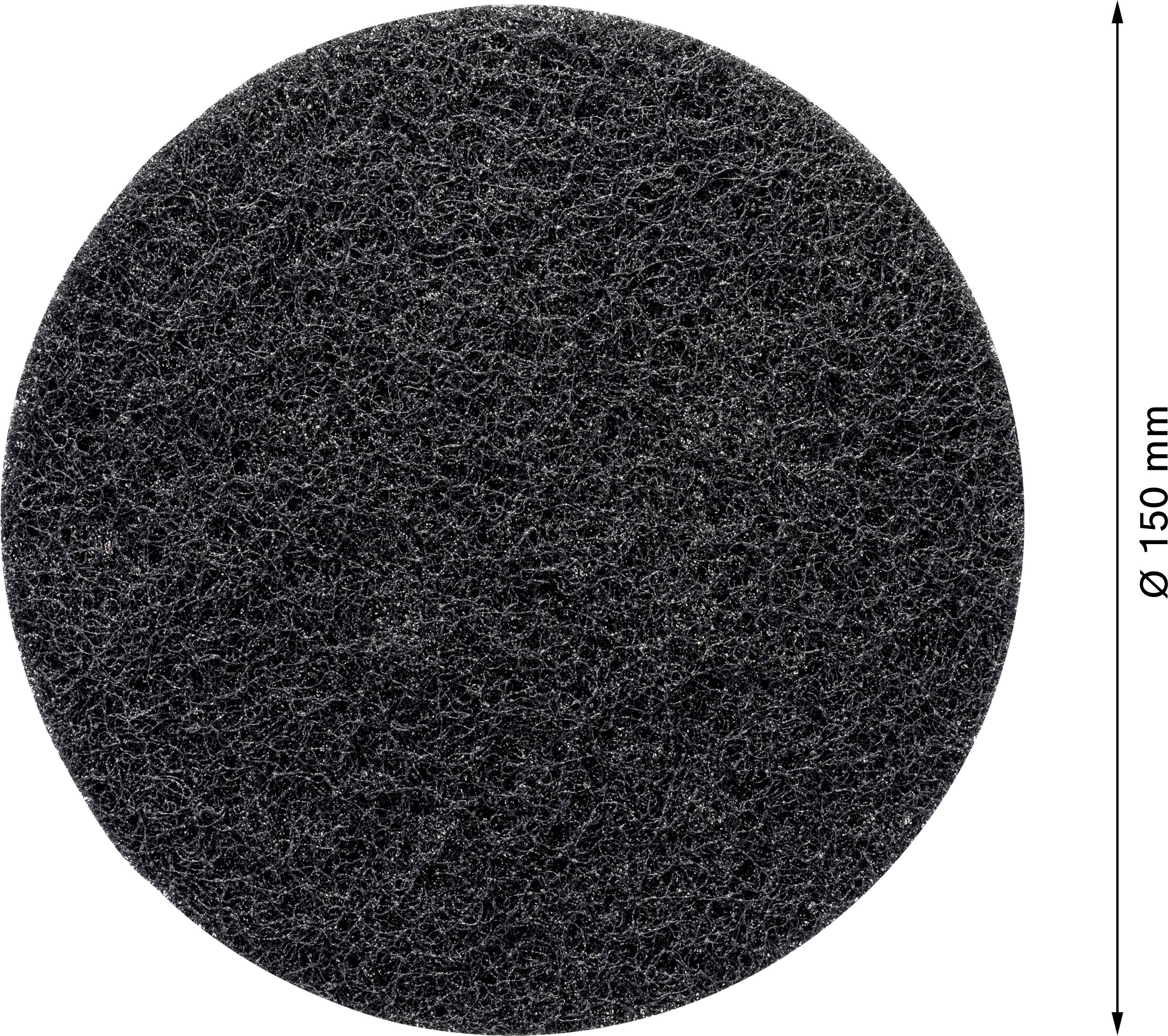 Černý, kulatý brusný kotouč o průměru 150 mm s texturovaným povrchem.