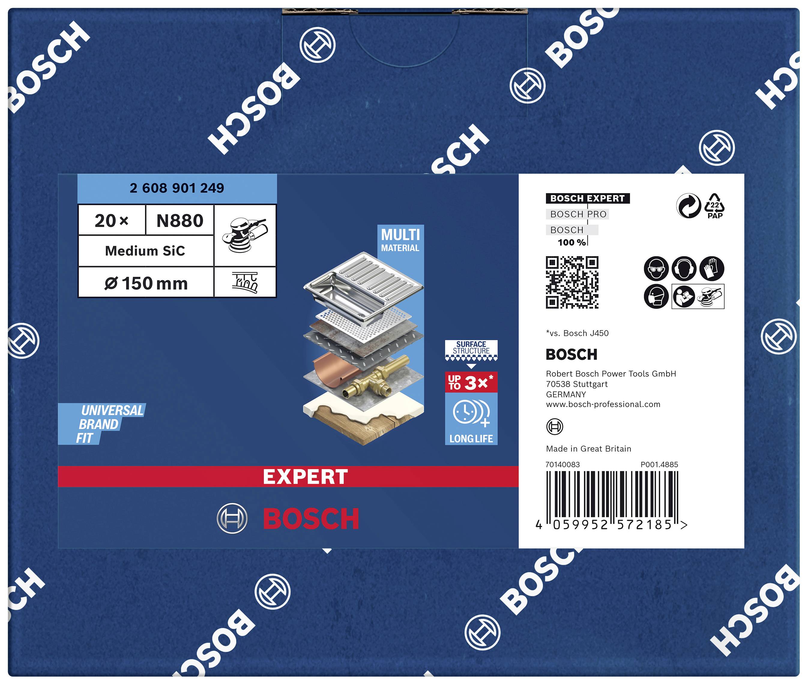Balení brusných kotoučů Bosch 'Expert' pro různé materiály, 150 mm, zrnitost N880, 20 kusů. Vyrobeno ve Velké Británii.