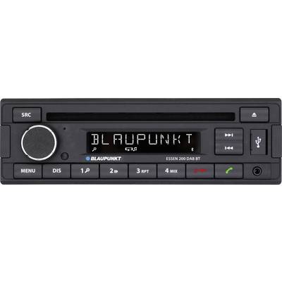 Autorádio Blaupunkt, model 'Essen 200 DAB BT', s digitálním displejem a ovládacími tlačítky, včetně USB a tlačítek pro hovory.