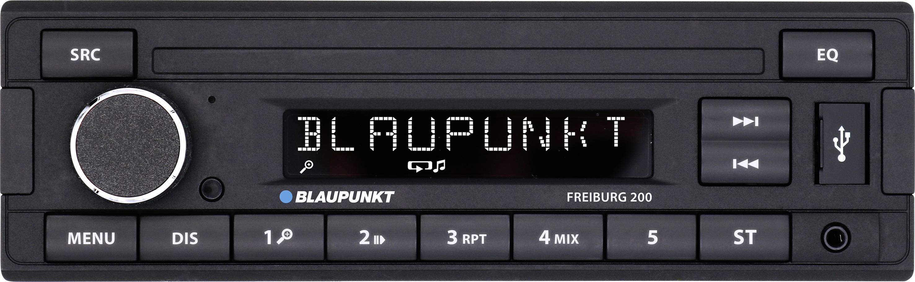 Autorádio s displejem zobrazuje 'BLAUPUNKT'. Dostupné jsou tlačítka pro menu, výběr stanice a USB port. Model 'Freiburg 200'.