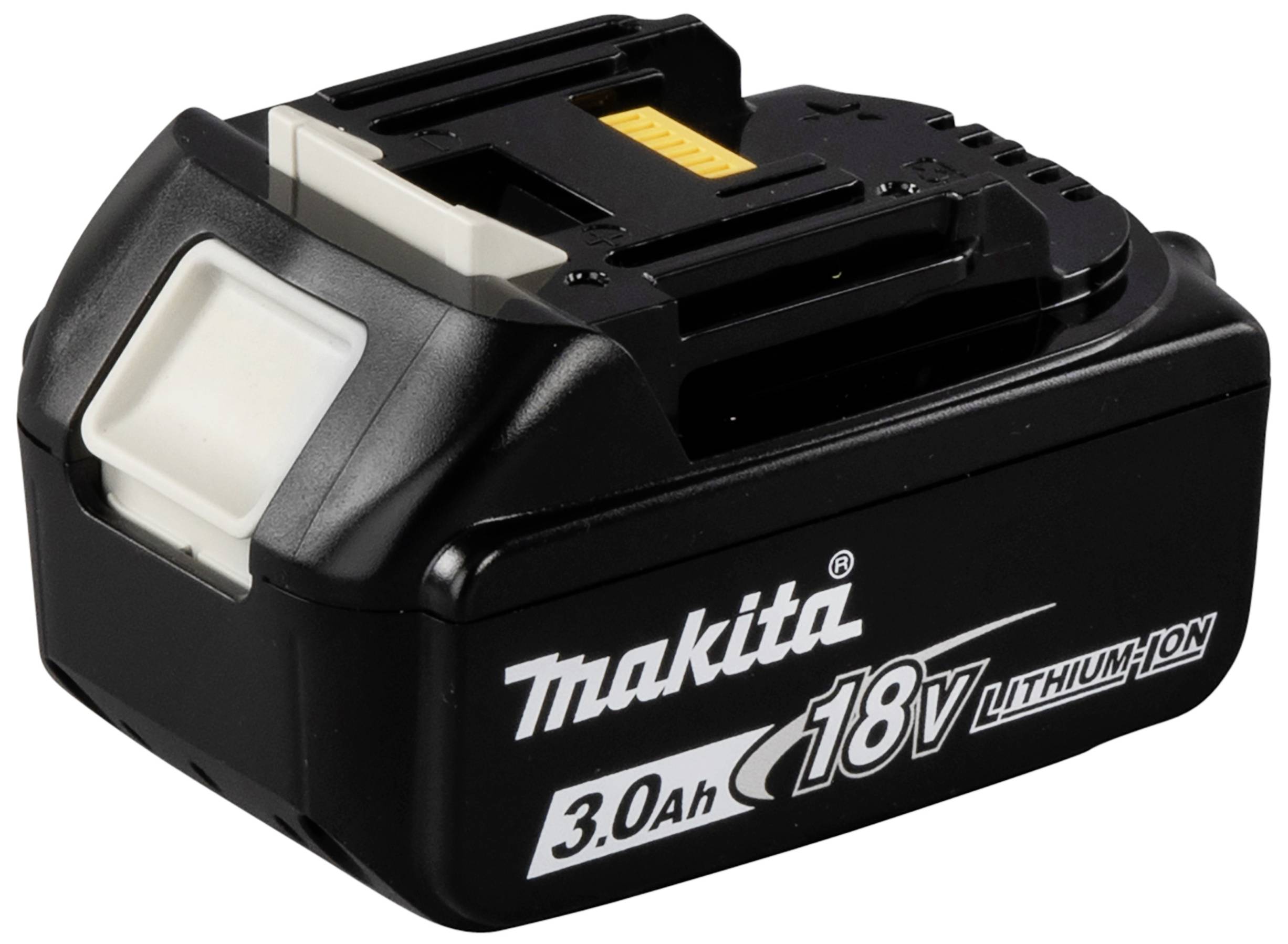 Pohled na černý 18V lithium-iontový akumulátor s bílým logem Makita a údajem o kapacitě 3,0 Ah.