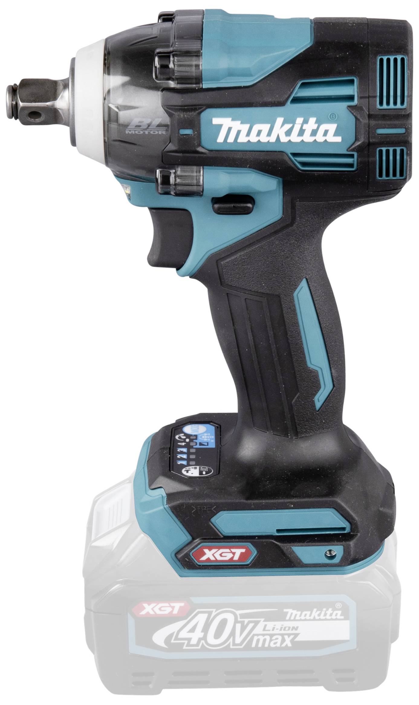Bezdrátový rázový utahovák s ergonomickým designem, modrou akcentní barvou a 40V baterií od Makity, vhodný pro náročné úkoly.