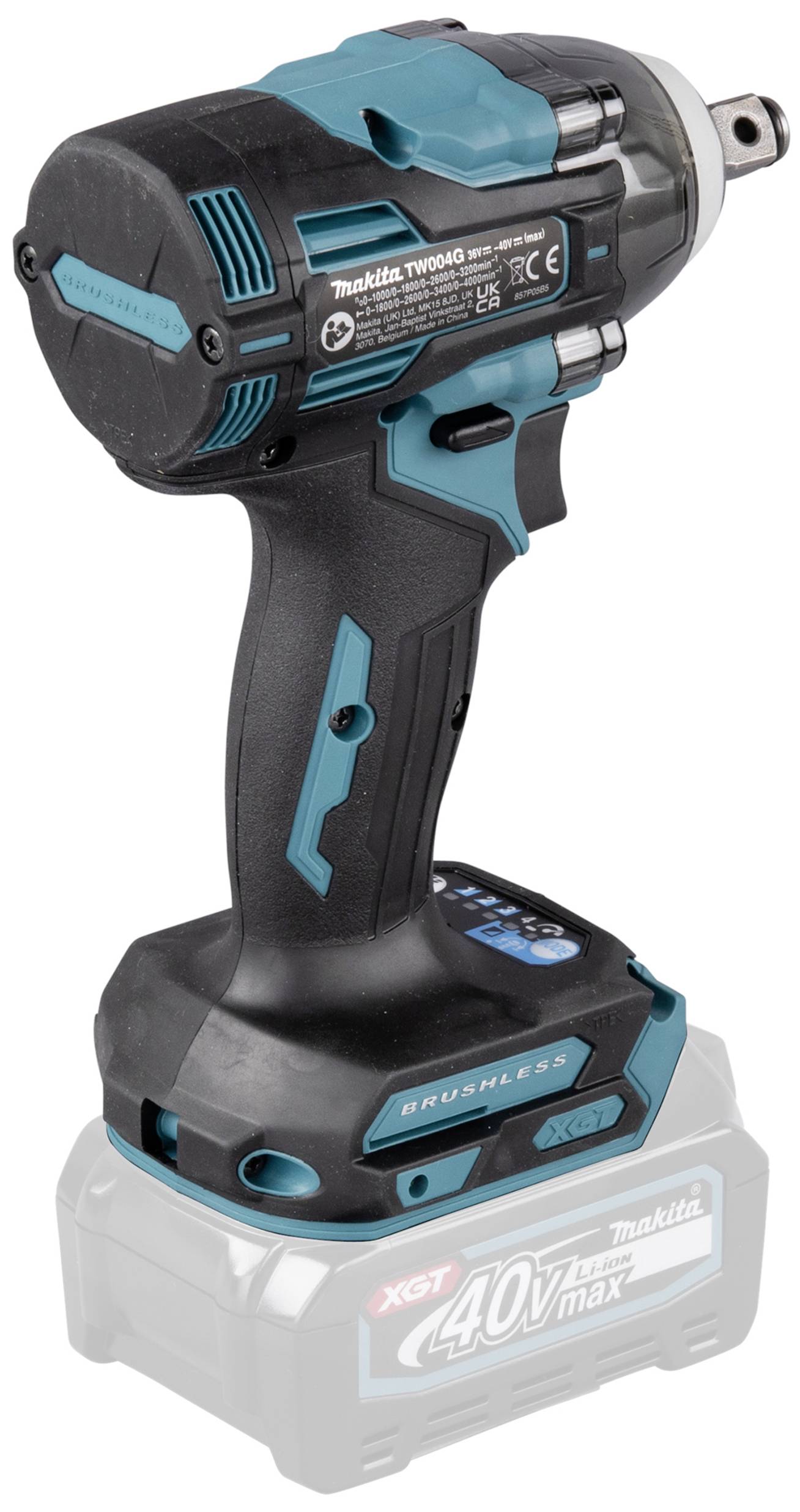 Akumulátorový rázový šroubovák v černé a modré barvě s logem Makita. Nálepka "40V max Test" na základně. Kompaktní bezdrátový design.