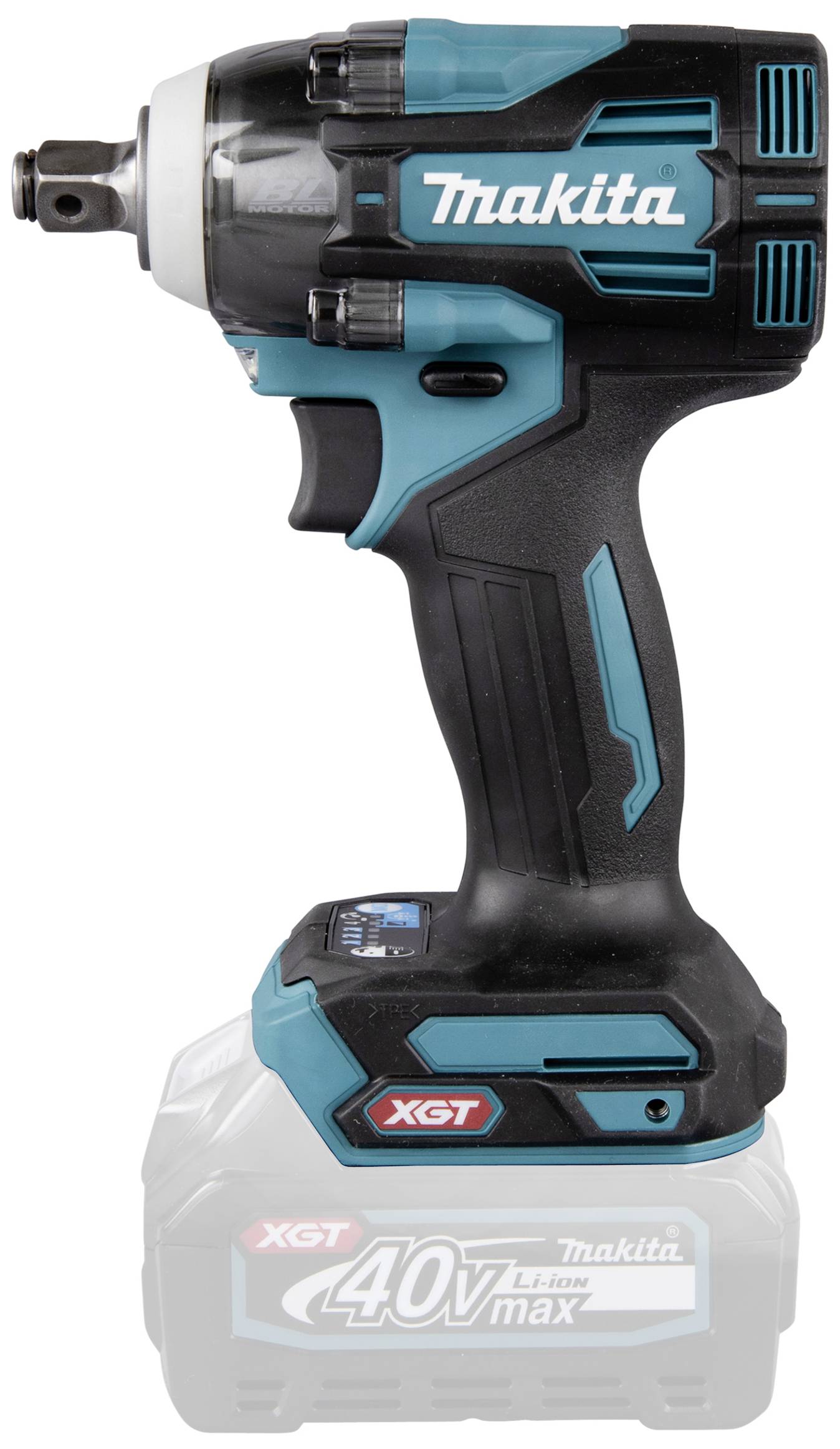 Bezdrátový akumulátorový rázový šroubovák značky Makita s akumulátorem 40V max, v černém a tyrkysovém designu.