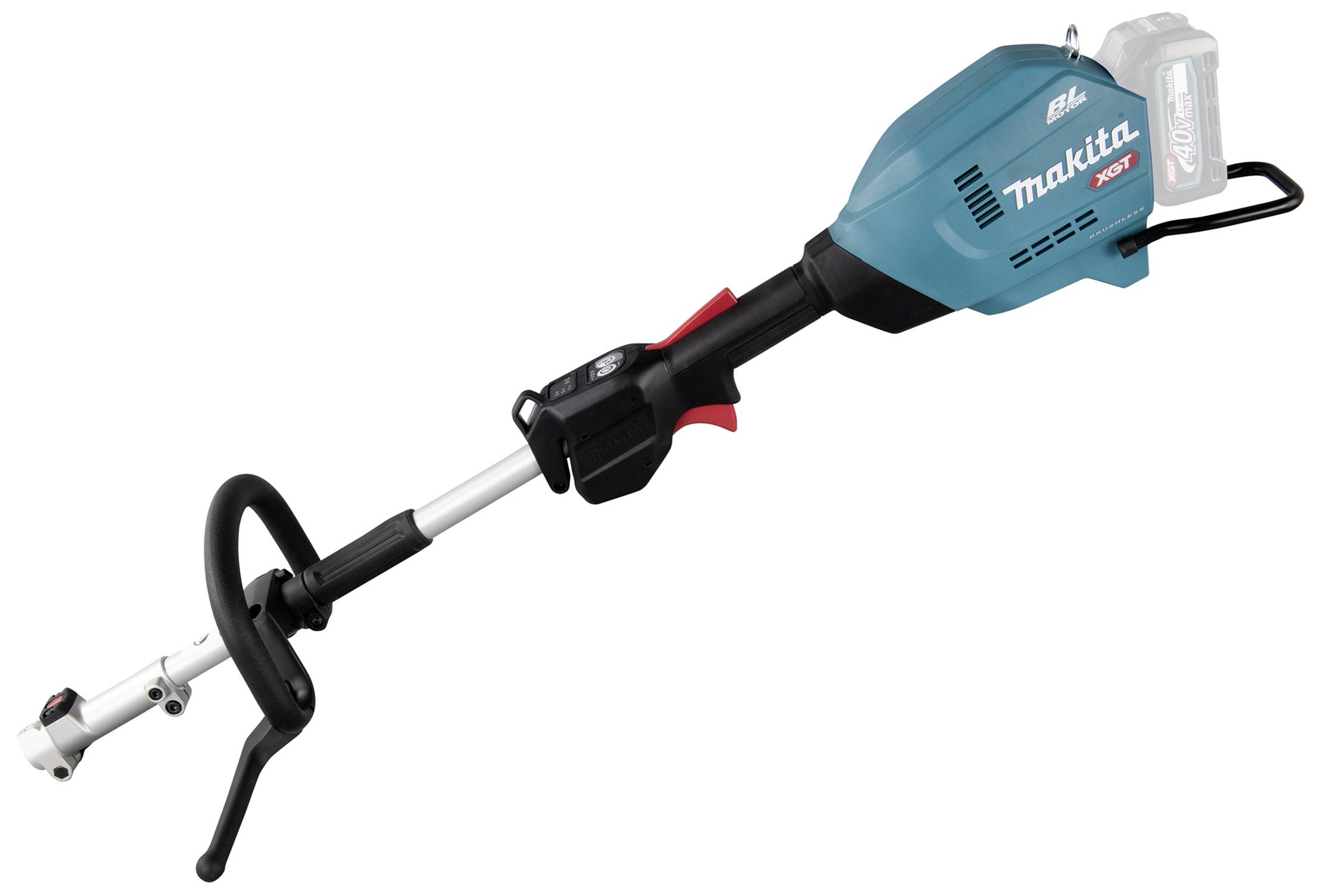 Bezdrátové multifunkční elektrické zařízení v modré barvě s černou rukojetí. Nahoře má baterii a dole nastavitelnou kulatou rukojeť.