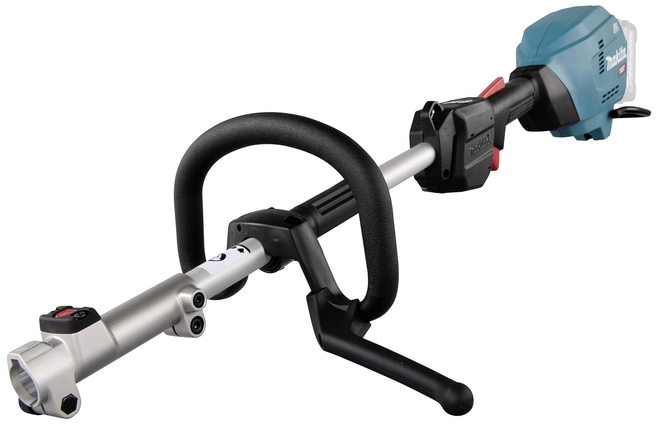 Elektrický křovinořez s modrým motorovým krytem a černou rukojetí stojí na bílém pozadí.