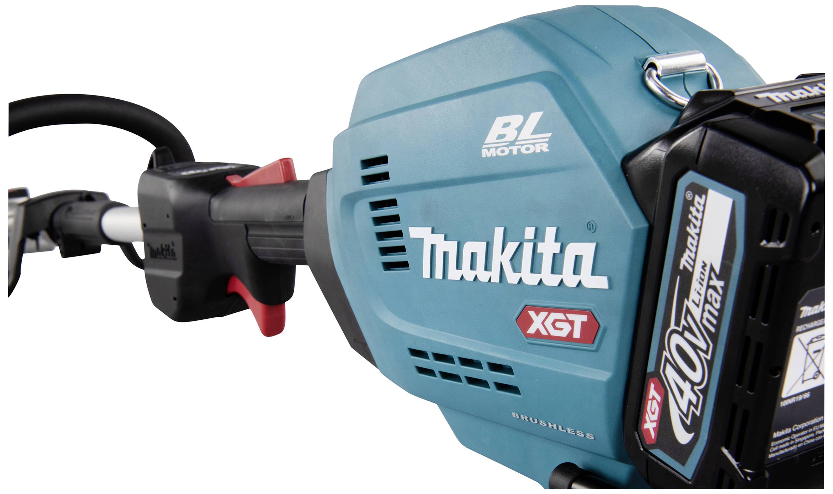 Akumulátorový travní zastřihovač s nápisem 'Makita XGT 40Vmax', modré tělo, černá rukojeť a červený spínač, vhodný pro zahradní práce.