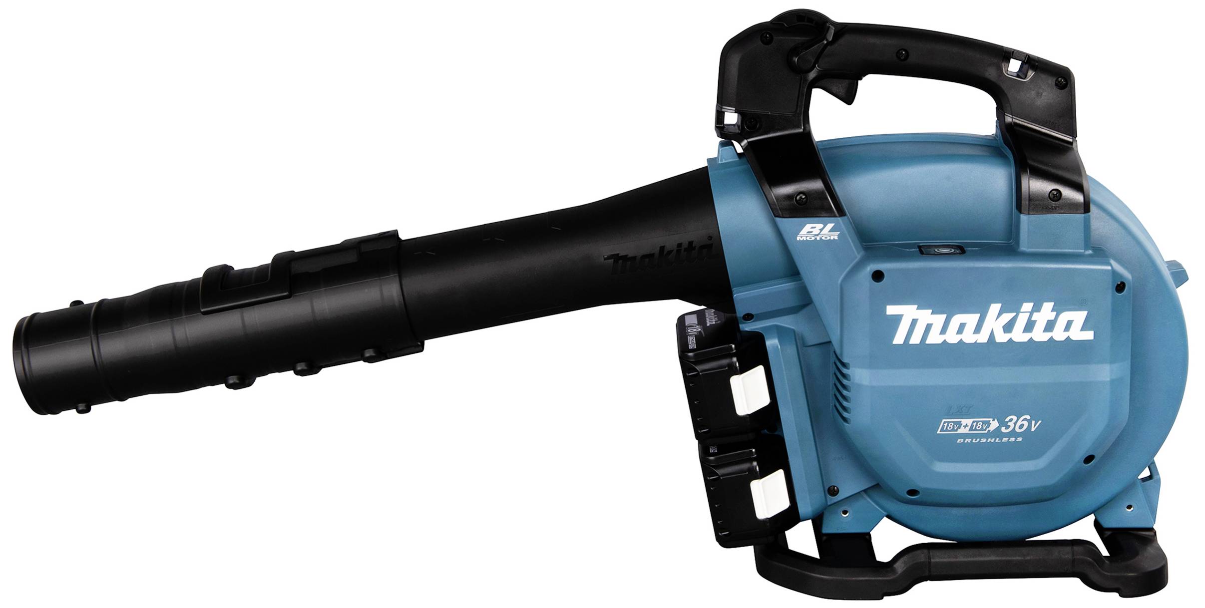 Modrý a černý foukač listí značky Makita se dvěma místy pro baterie a ergonomickou rukojetí.