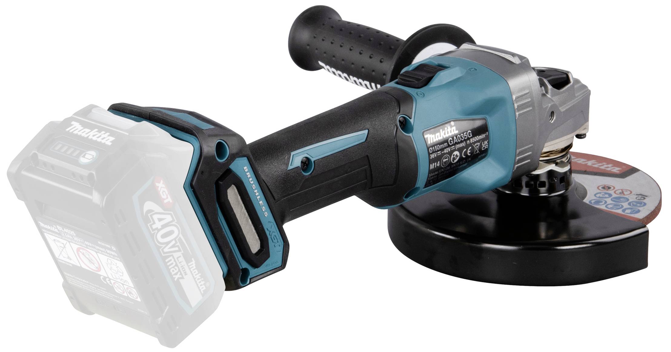 Bezdrátová úhlová bruska Makita s 40V akumulátorem, černým krytem kotouče a ergonomickou rukojetí.