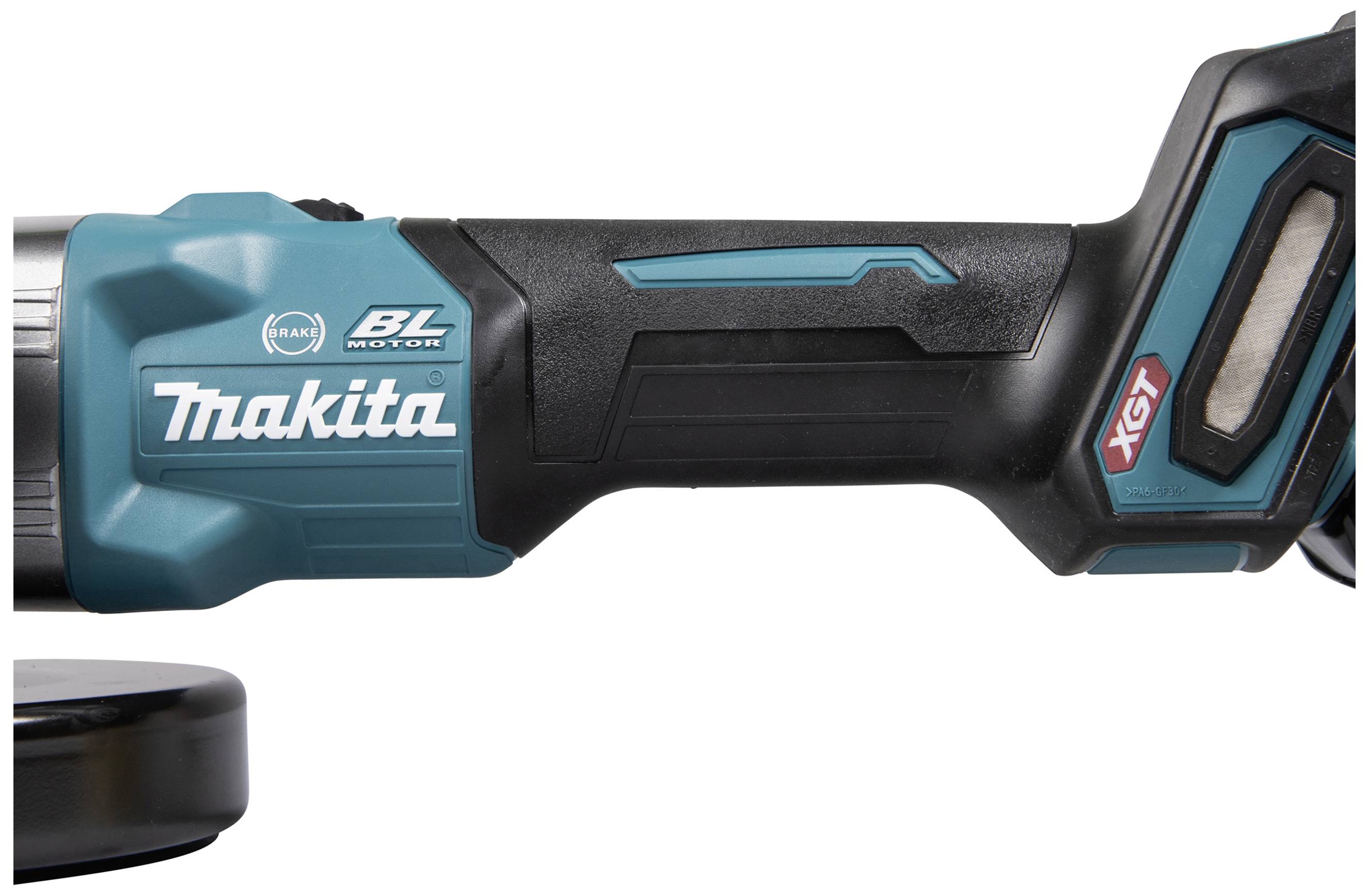 Akumulátorový šroubovák v detailním záběru, značka Makita, model XGT, černé a modré rukojeti, zobrazující nápisy 'BL MOTOR' a 'Makita'.