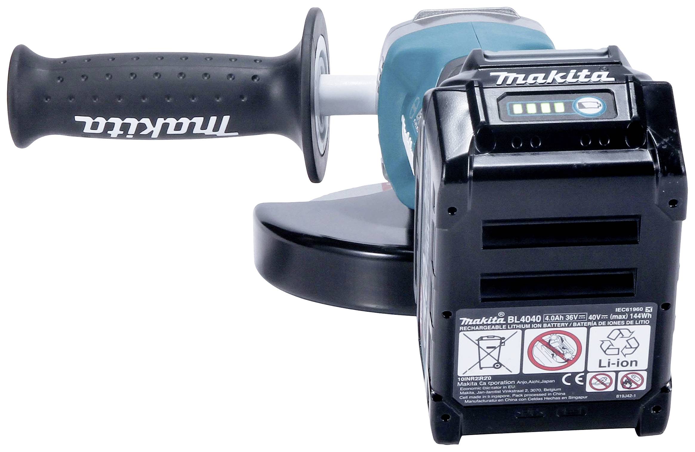 Bezdrátová úhlová bruska Makita s ergonomickou rukojetí a viditelnou baterií.