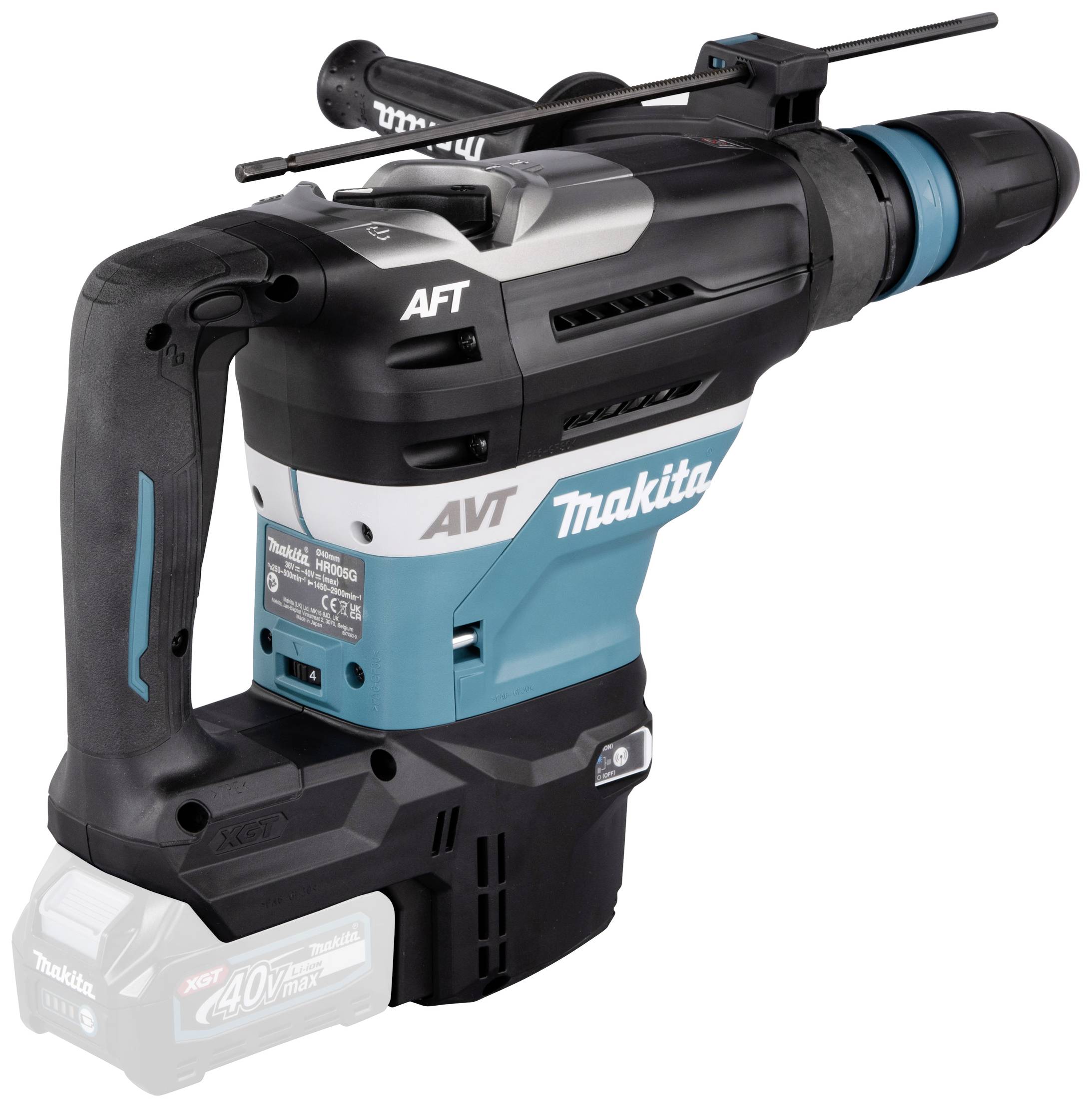 Bezdrátové kladivo Makita v černé a modré barvě. Disponuje ergonomickou rukojetí a akumulátorem umístěným v dolní části.
