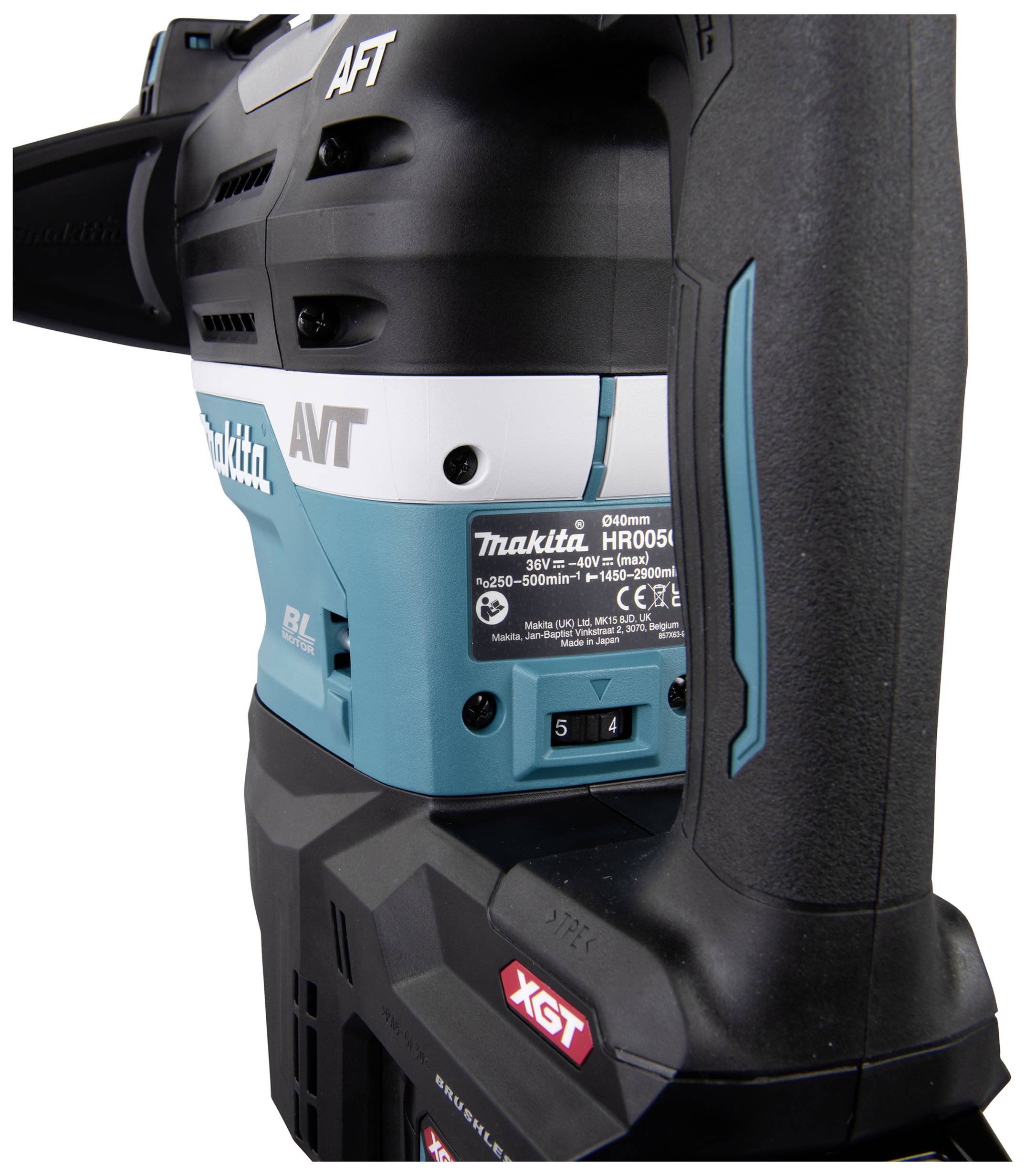 Profesionální Makita bourací kladivo s ergonomickou rukojetí, model HR005G, v modro-černém designu, včetně technologie XGT.