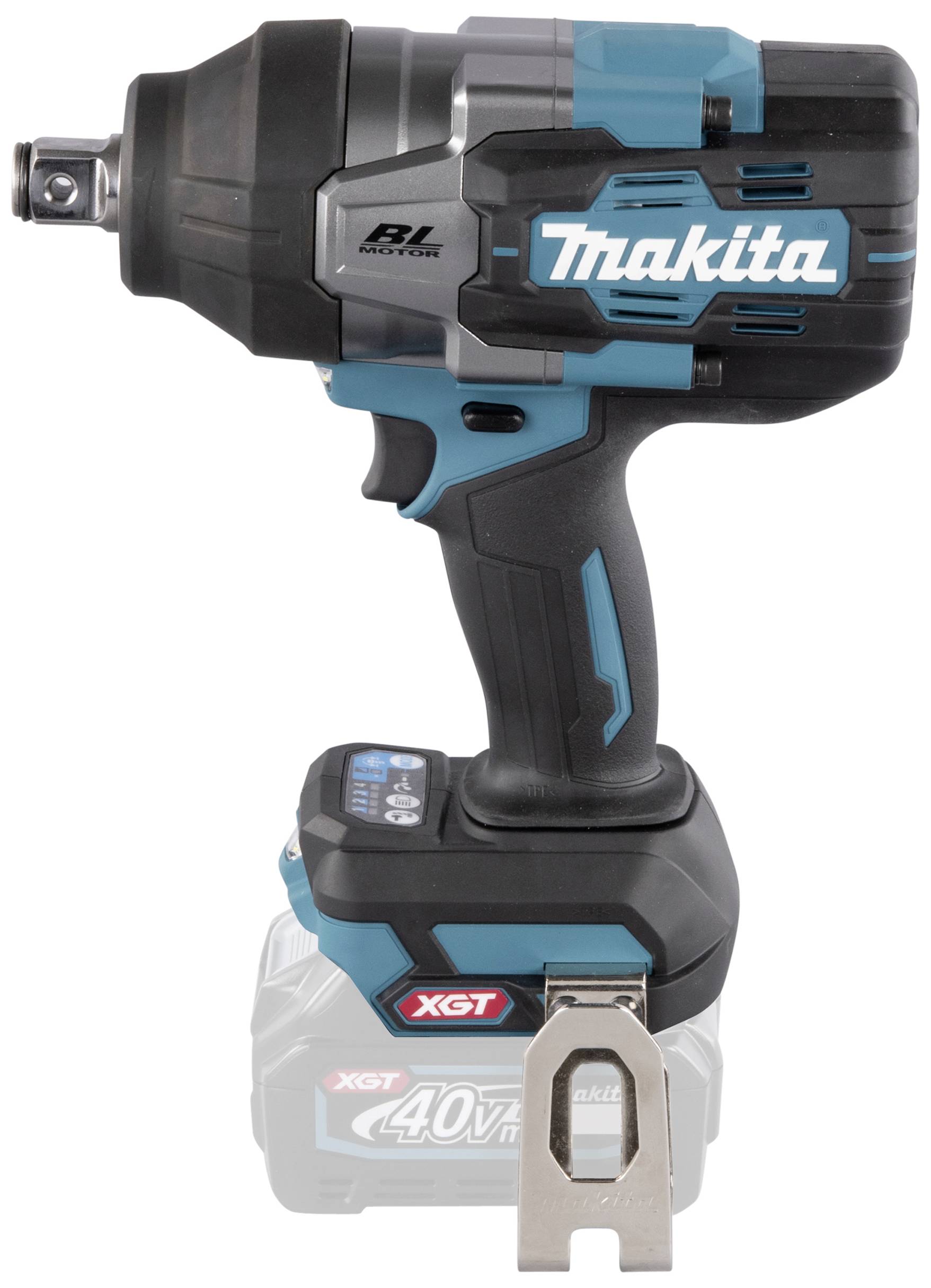 Akumulátorový rázový utahovák v černém a tyrkysovém designu s logem 'Makita', zachycený z boku, na bílém pozadí.