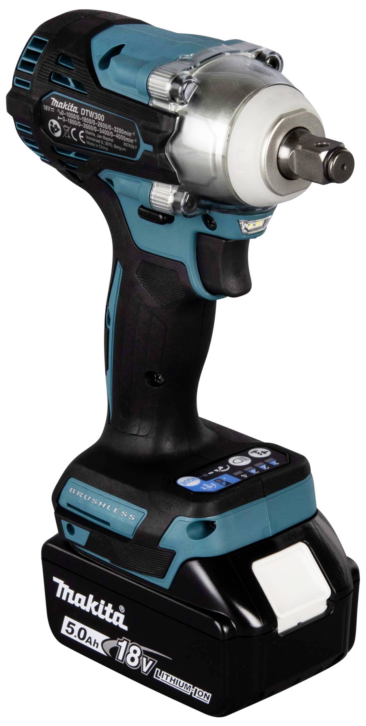 Akumulátorový rázový utahovák Makita, model DTW300, 18V, s černou rukojetí a modrým tělem; zobrazuje akumulátor a nastavení momentu.