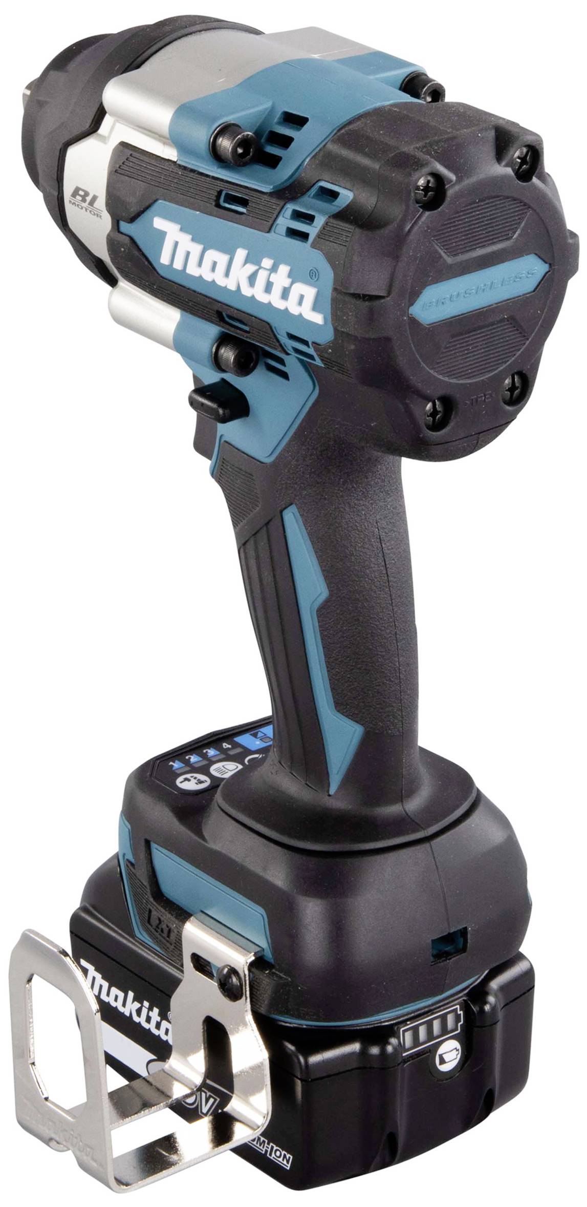 Bezdrátový šroubovák v černé a modré barvě od značky Makita s ergonomickou rukojetí a akumulátorem zespodu, připravený k použití.