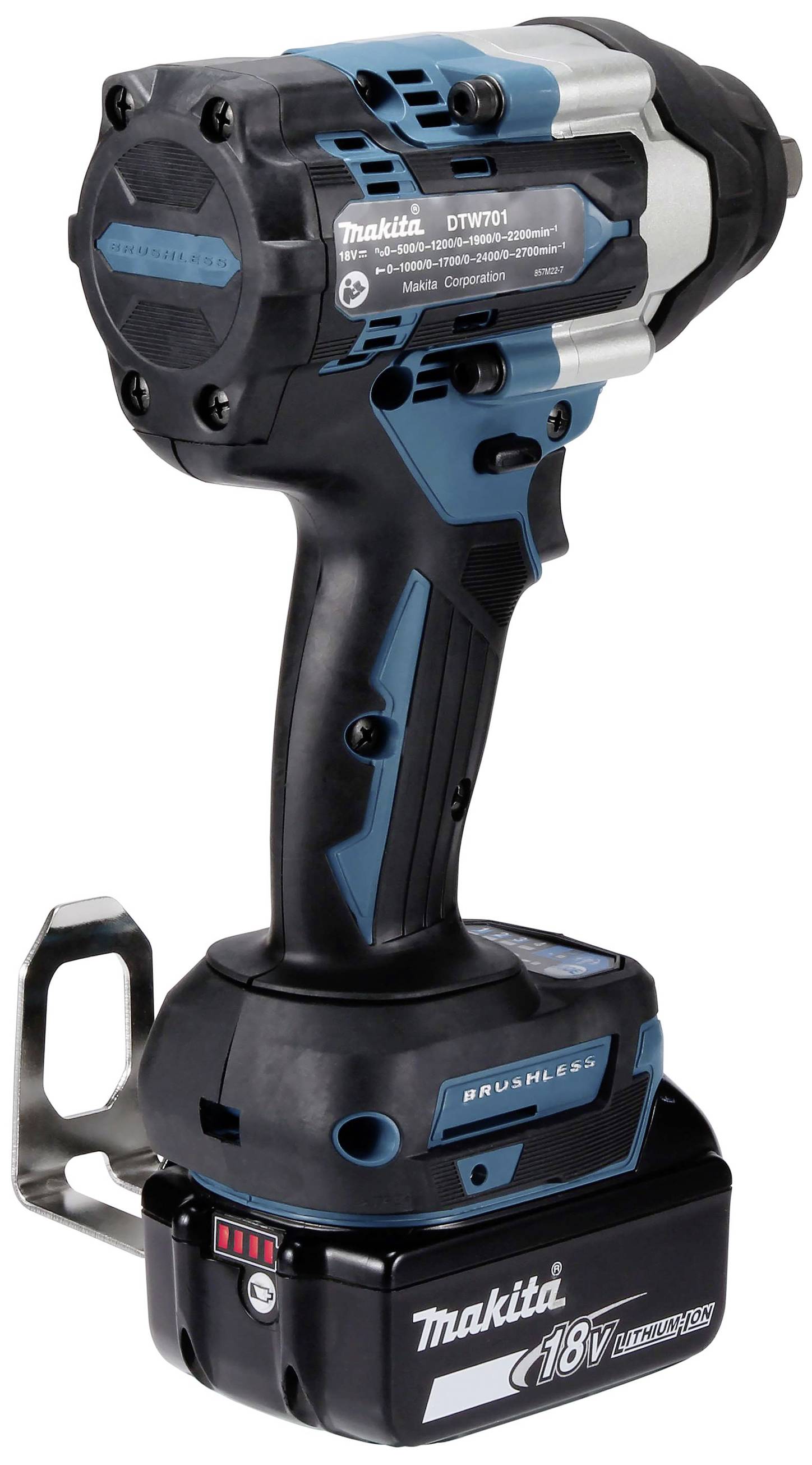 Aku rázový utahovák od Makity s 18V lithium-iontovou baterií, černé a modré tělo, robustní provedení pro stavební práce.