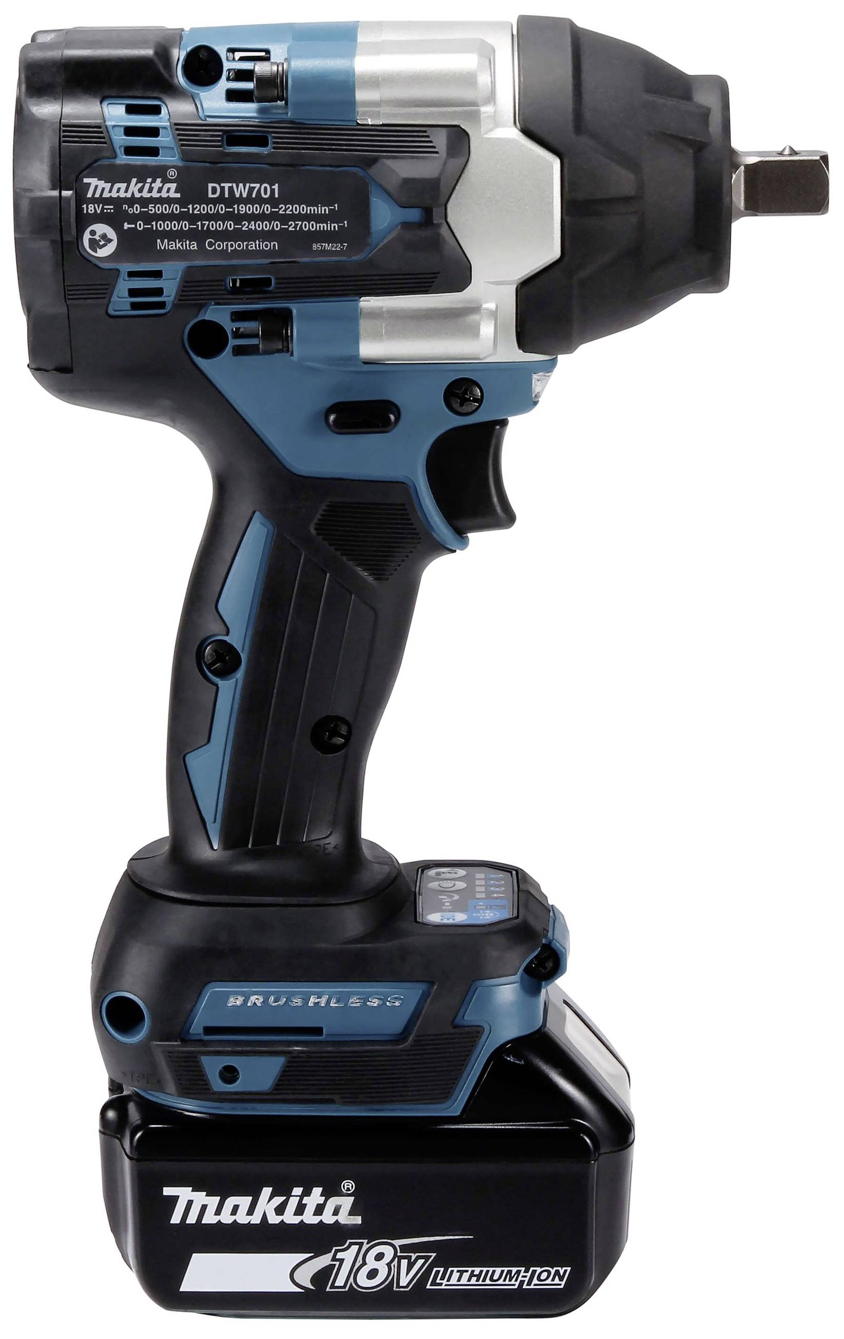 Bezúderový rázový utahovák Makita, model DTW701, s 18V lithium-iontovou baterií. Zařízení je černé a modré s ergonomickou rukojetí.