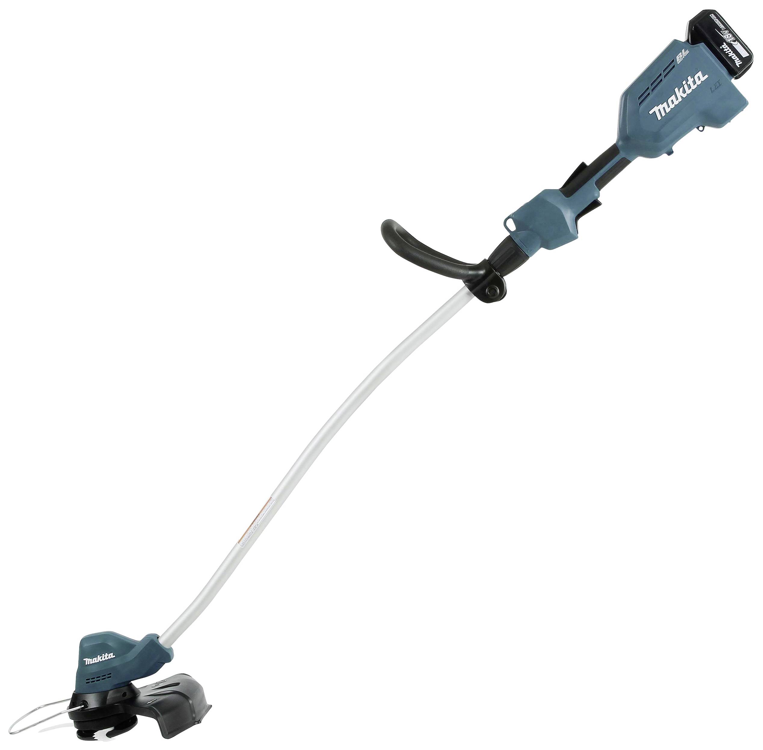 Modrý a černý akumulátorový vyžínač s ergonomickou rukojetí a ochranným obloukem pro bezpečné ovládání.