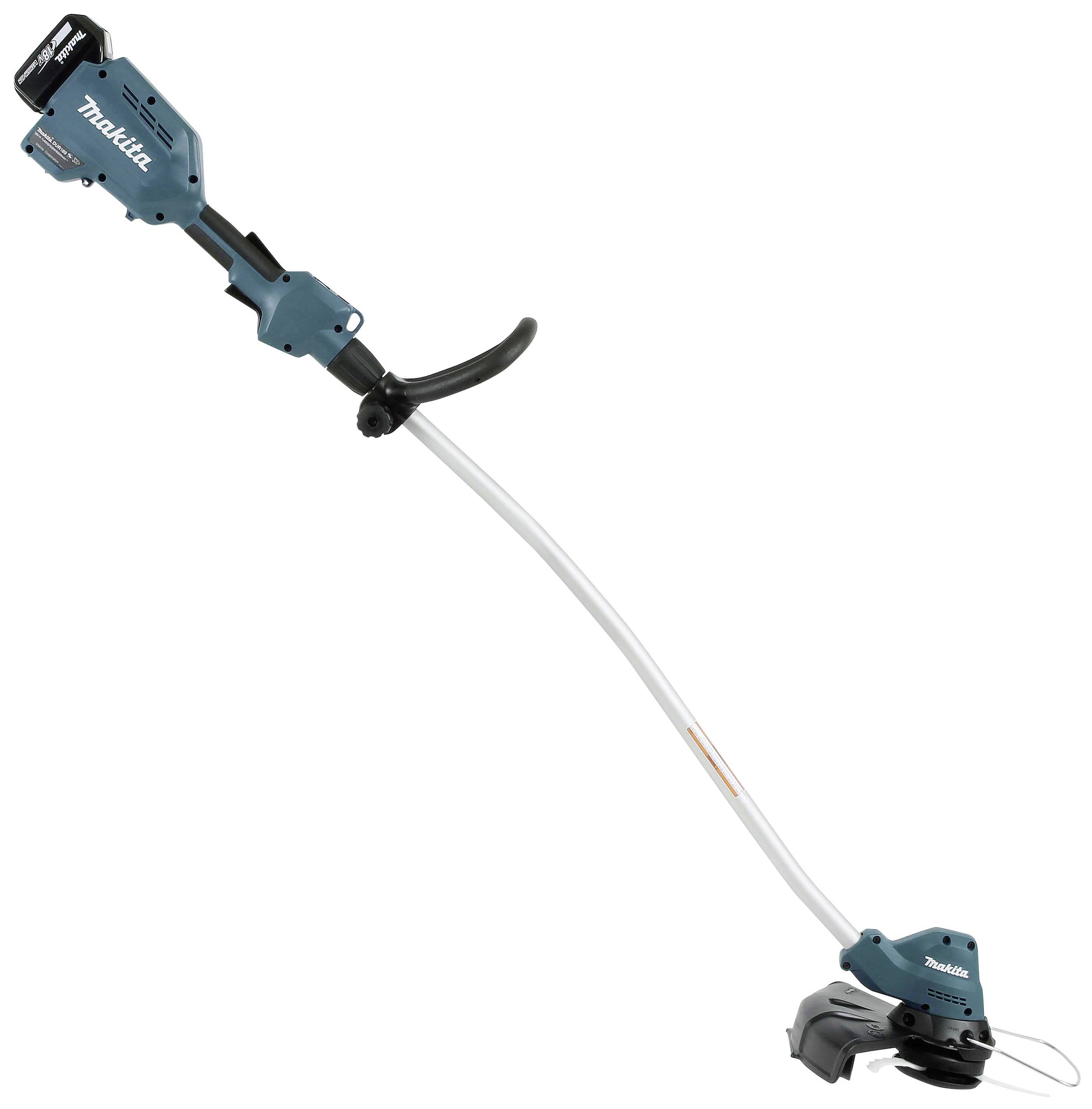 Akumulátorový travní trimr s modro-černým krytem, ergonomickou rukojetí a bezpečnostním obloukem. Vhodný pro přesné sečení trávy.