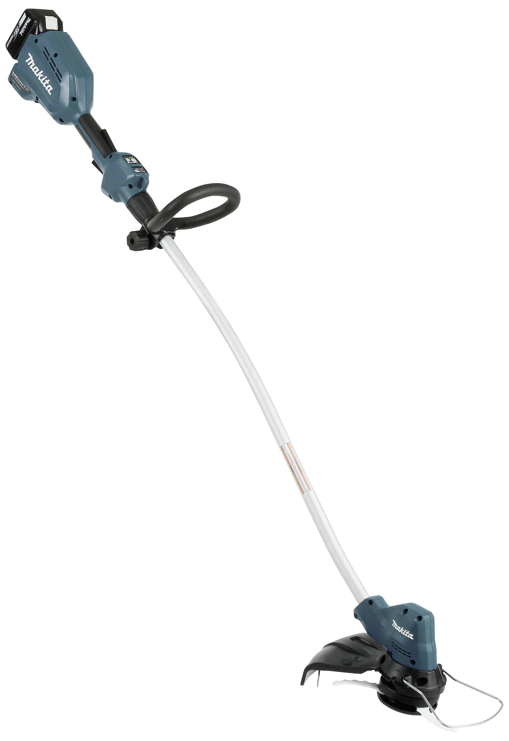 Modrý bezdrátový vyžínač s ohnutou rukojetí a ergonomickým úchopem.