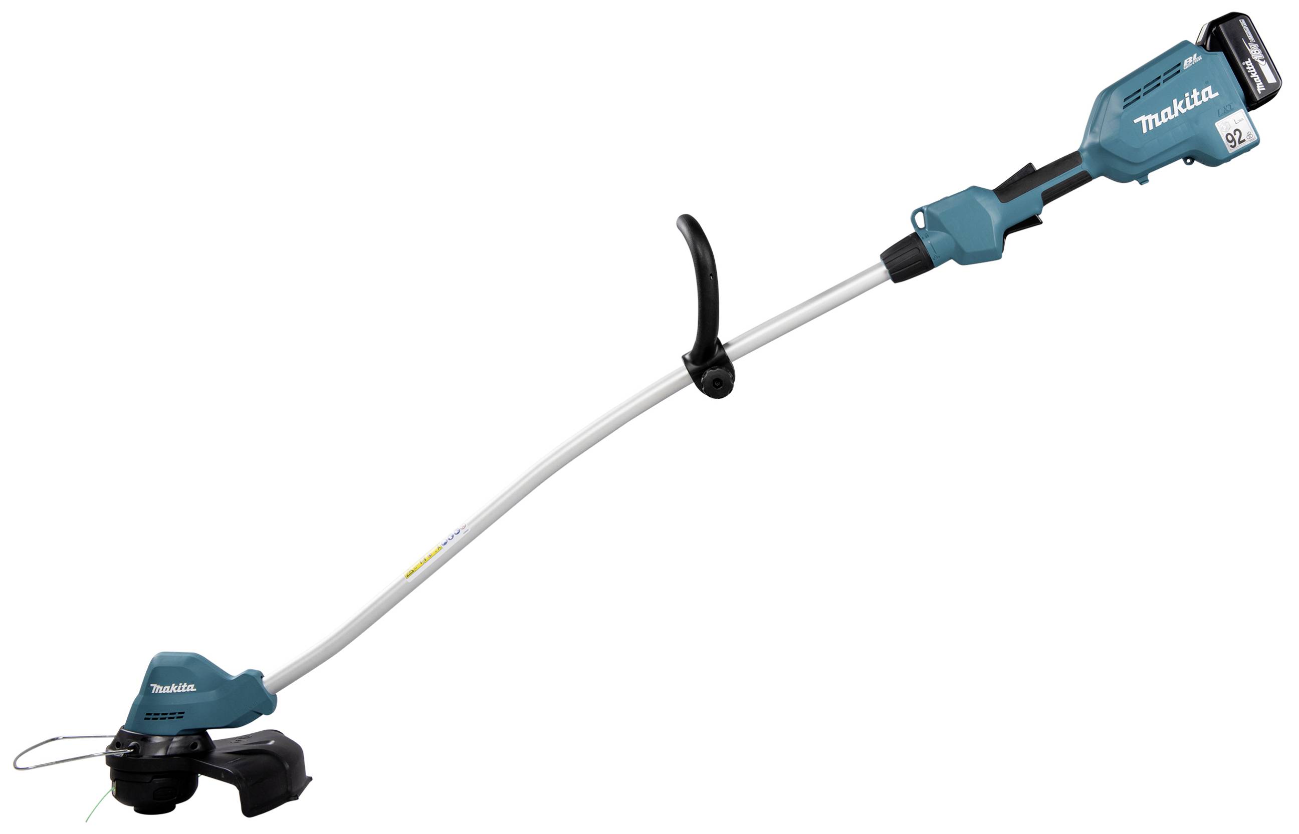 Akumulátorový vyžínač značky Makita s ohnutou rukojetí a ergonomickým držadlem, vhodný pro přesné přistřihávání travních okrajů.