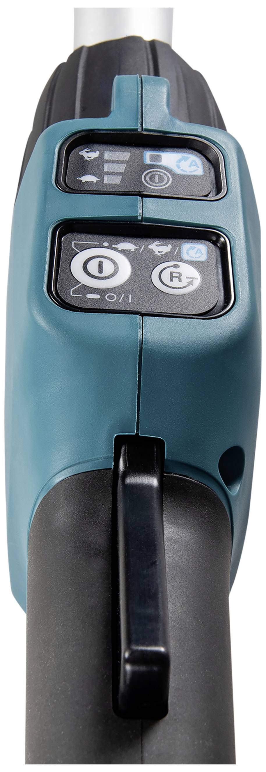 Detailní záběr elektrického nástroje se dvěma obdélníkovými tlačítky a symboly pro dopředný a zpětný pohyb na tyrkysovém krytu.